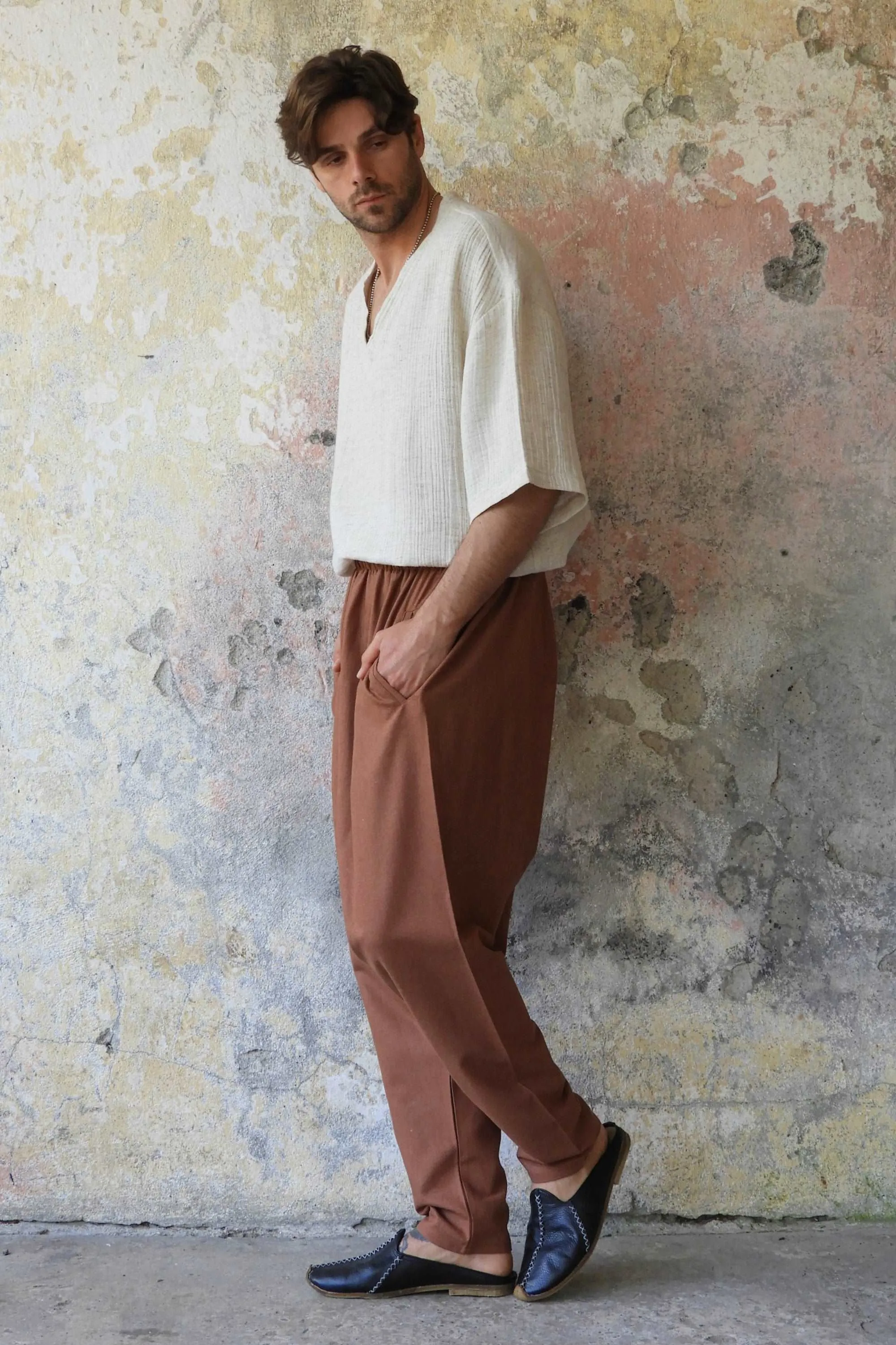 MOON Men's Linen Blend Harem Pants (Dark Gray, Brown)
