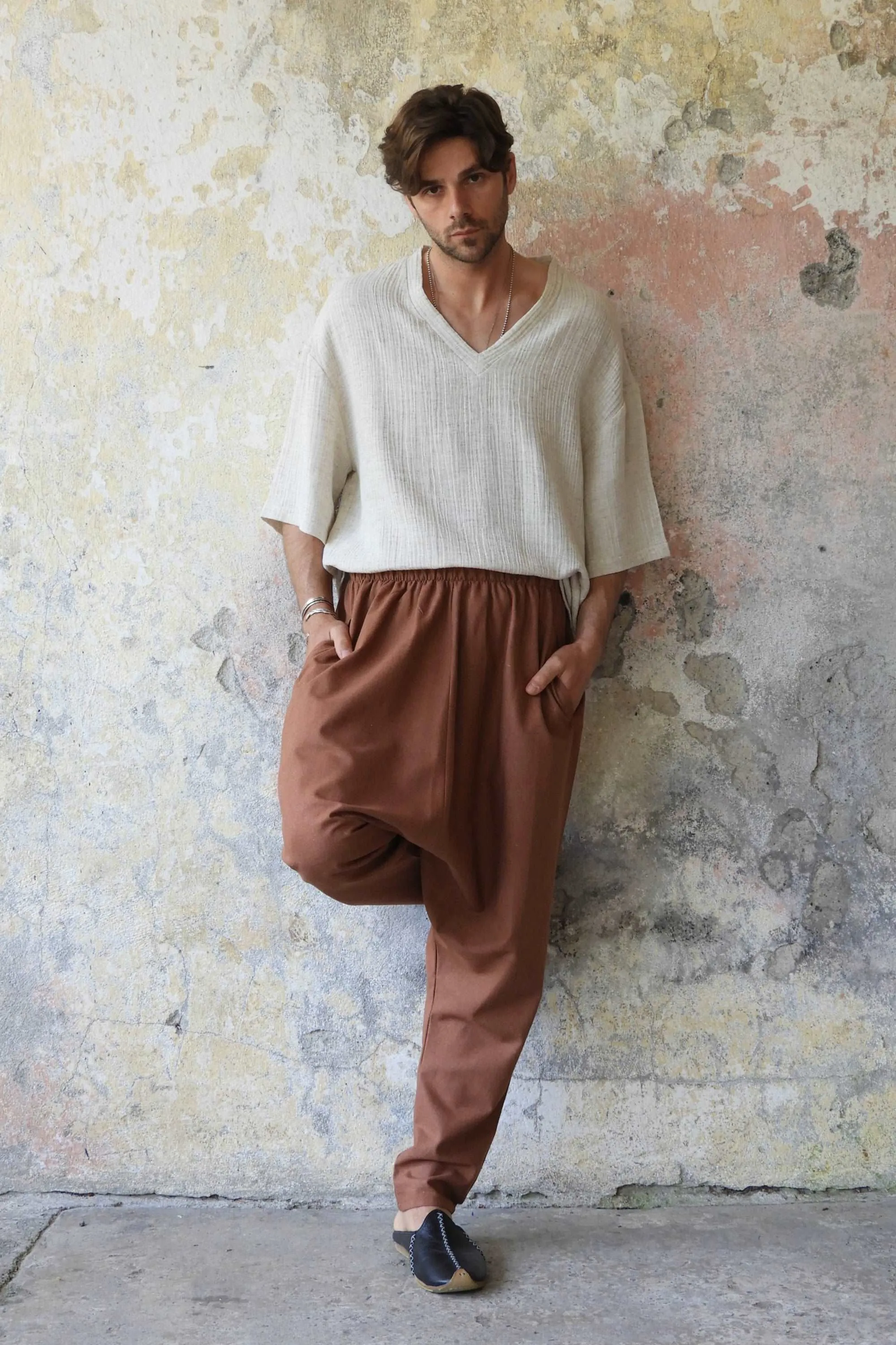MOON Men's Linen Blend Harem Pants (Dark Gray, Brown)