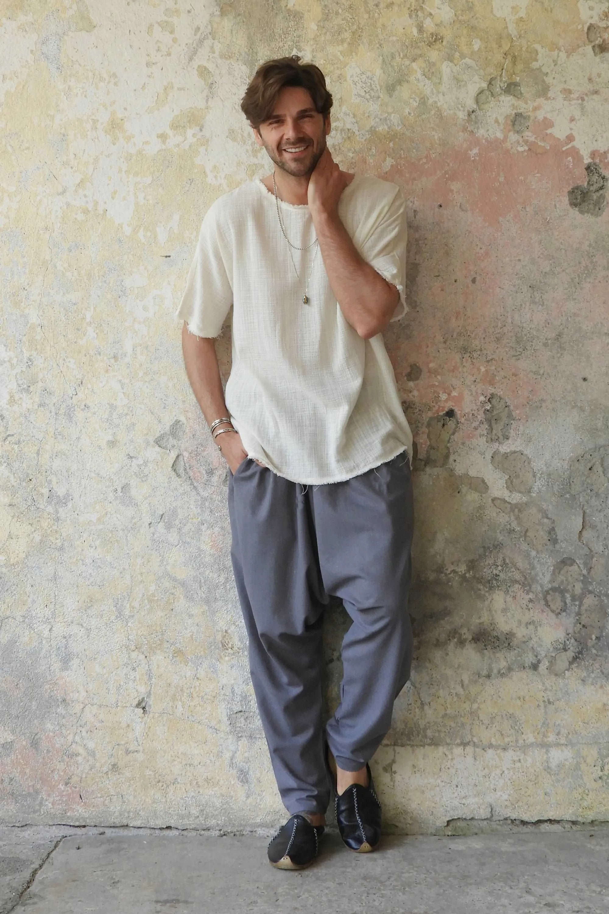MOON Men's Linen Blend Harem Pants (Dark Gray, Brown)