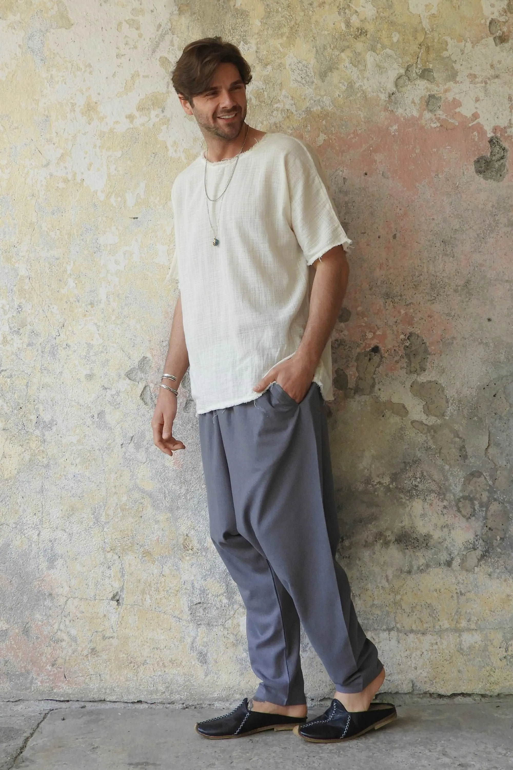 MOON Men's Linen Blend Harem Pants (Dark Gray, Brown)