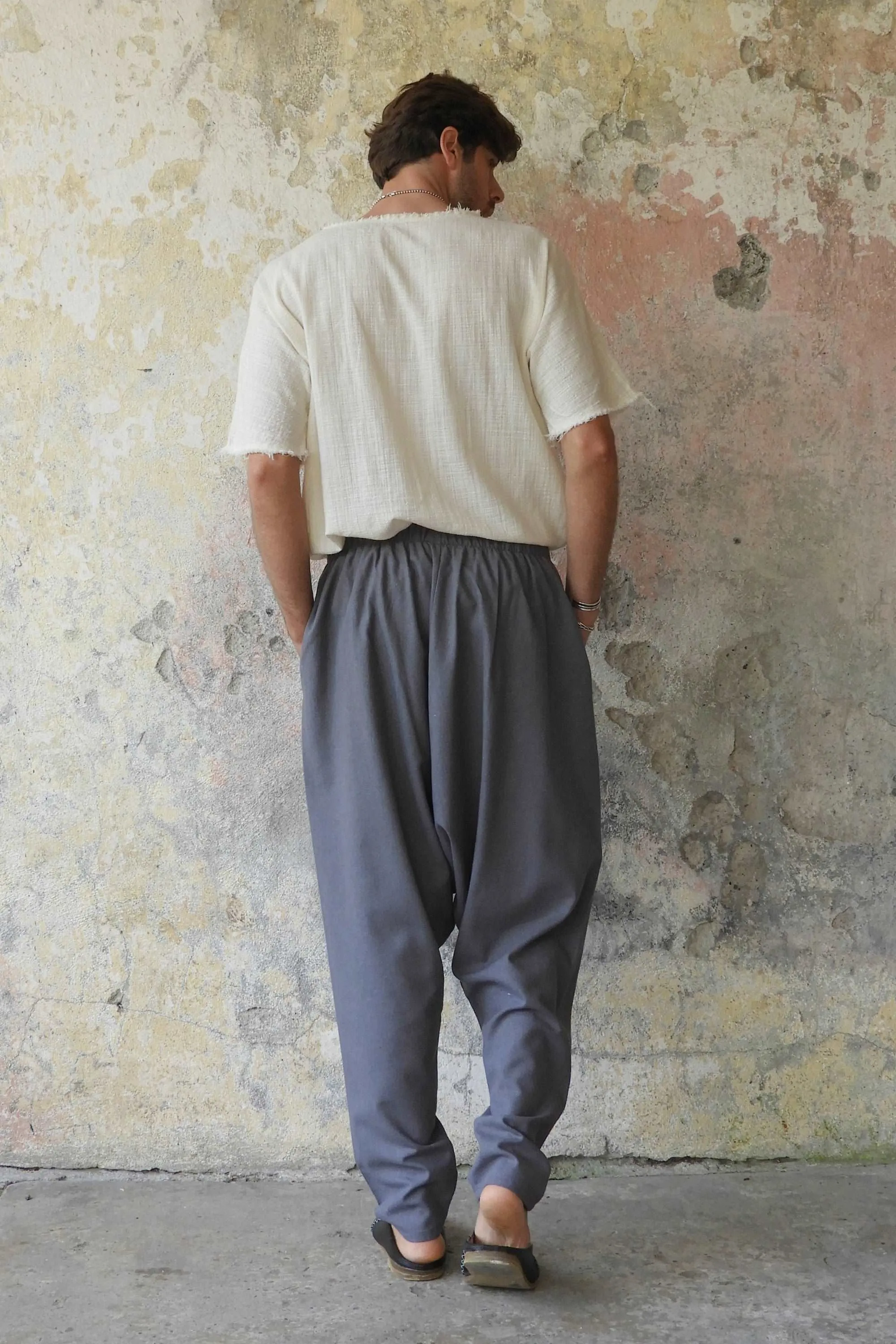 MOON Men's Linen Blend Harem Pants (Dark Gray, Brown)