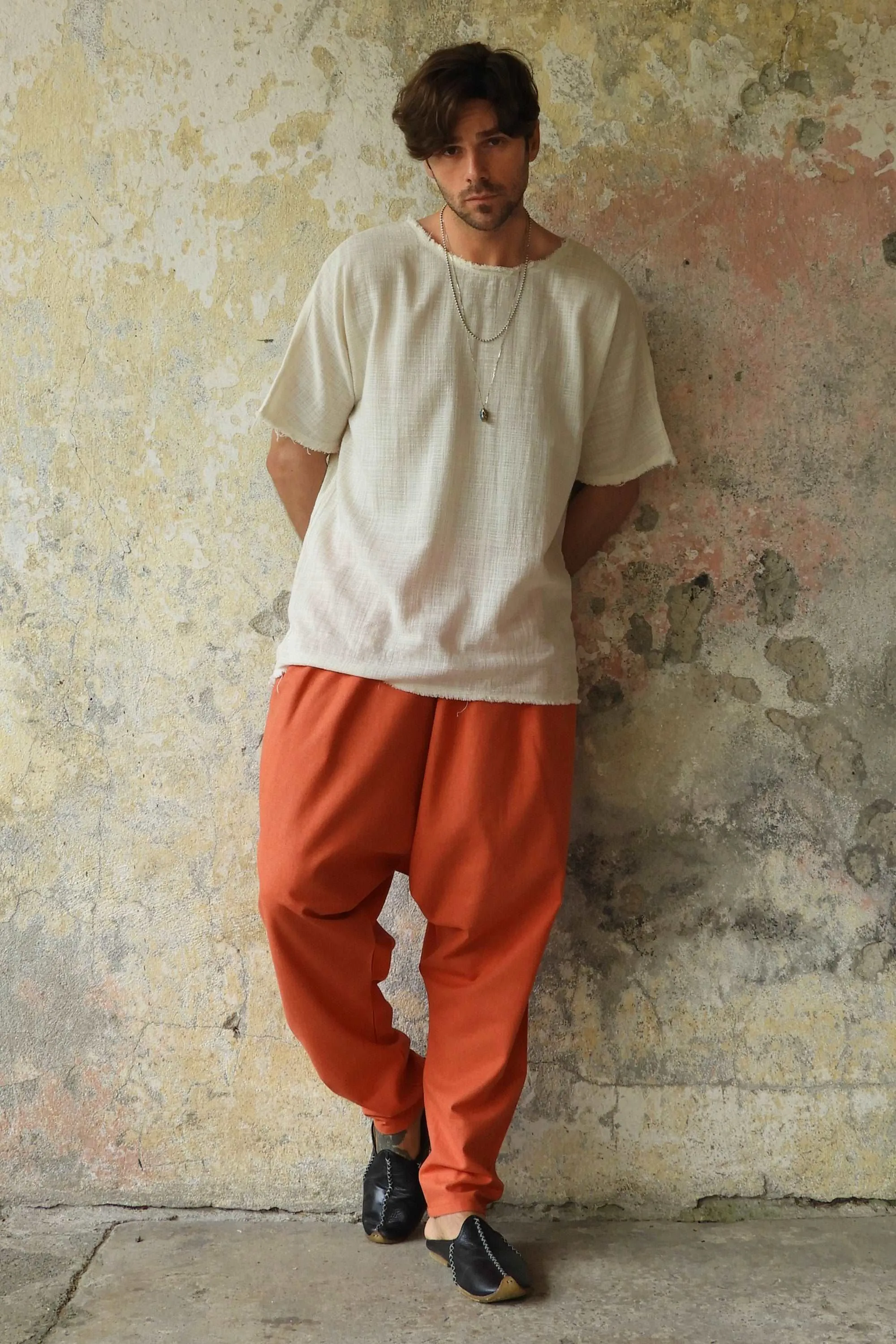 MOON Men's Linen Blend Harem Pants (Windsor Tan, Burnt Orange)