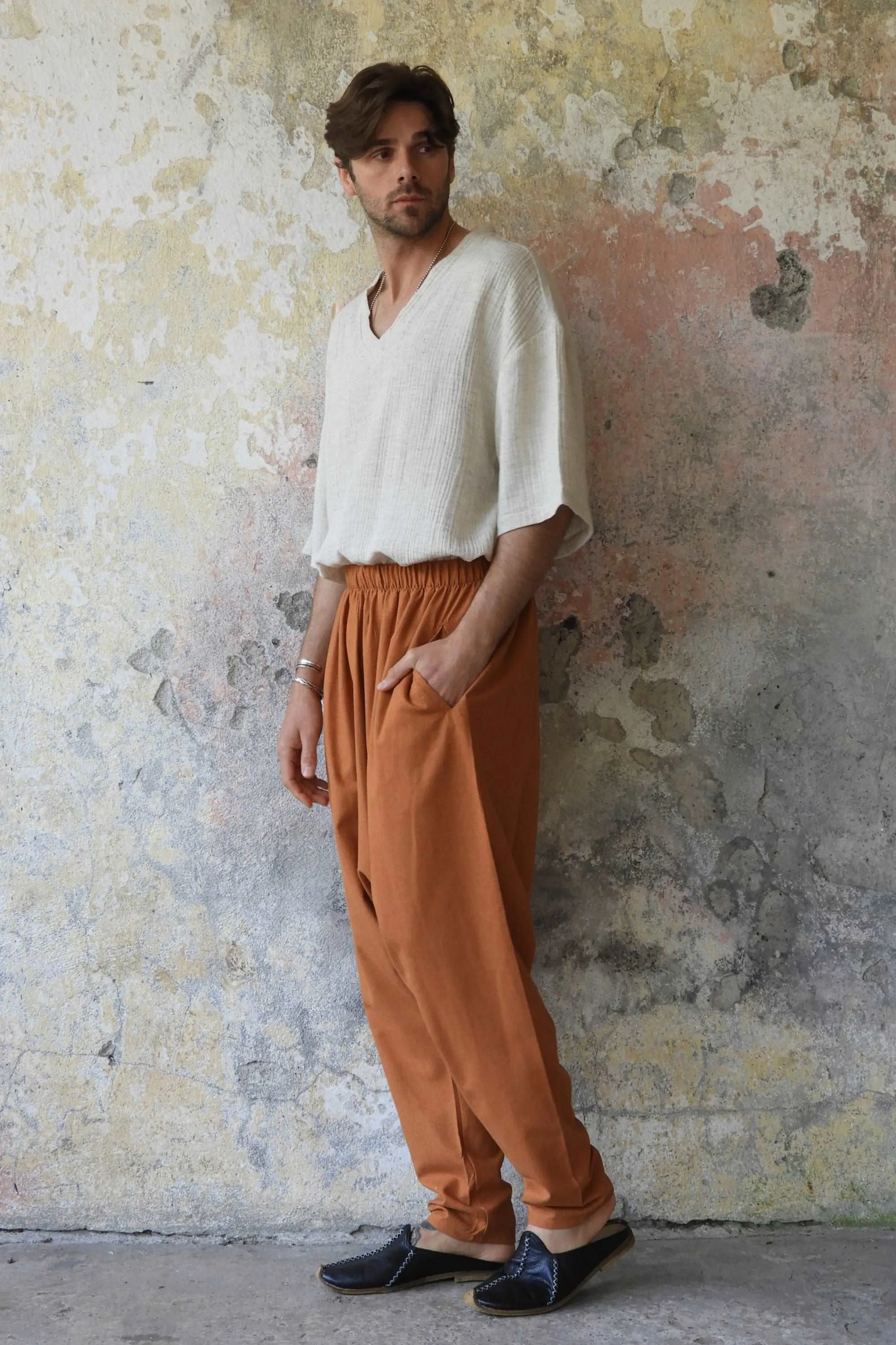 MOON Men's Linen Blend Harem Pants (Windsor Tan, Burnt Orange)
