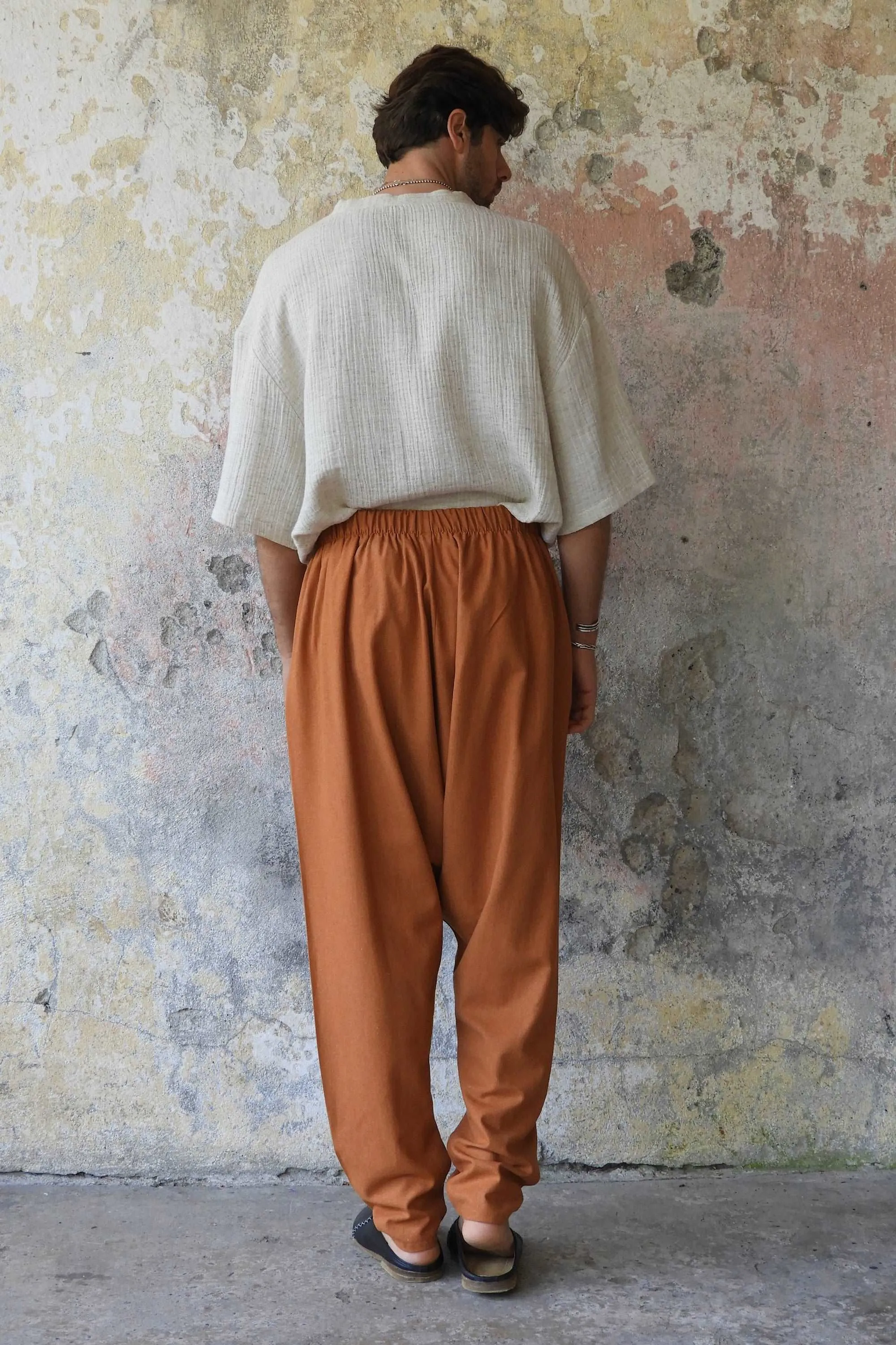 MOON Men's Linen Blend Harem Pants (Windsor Tan, Burnt Orange)