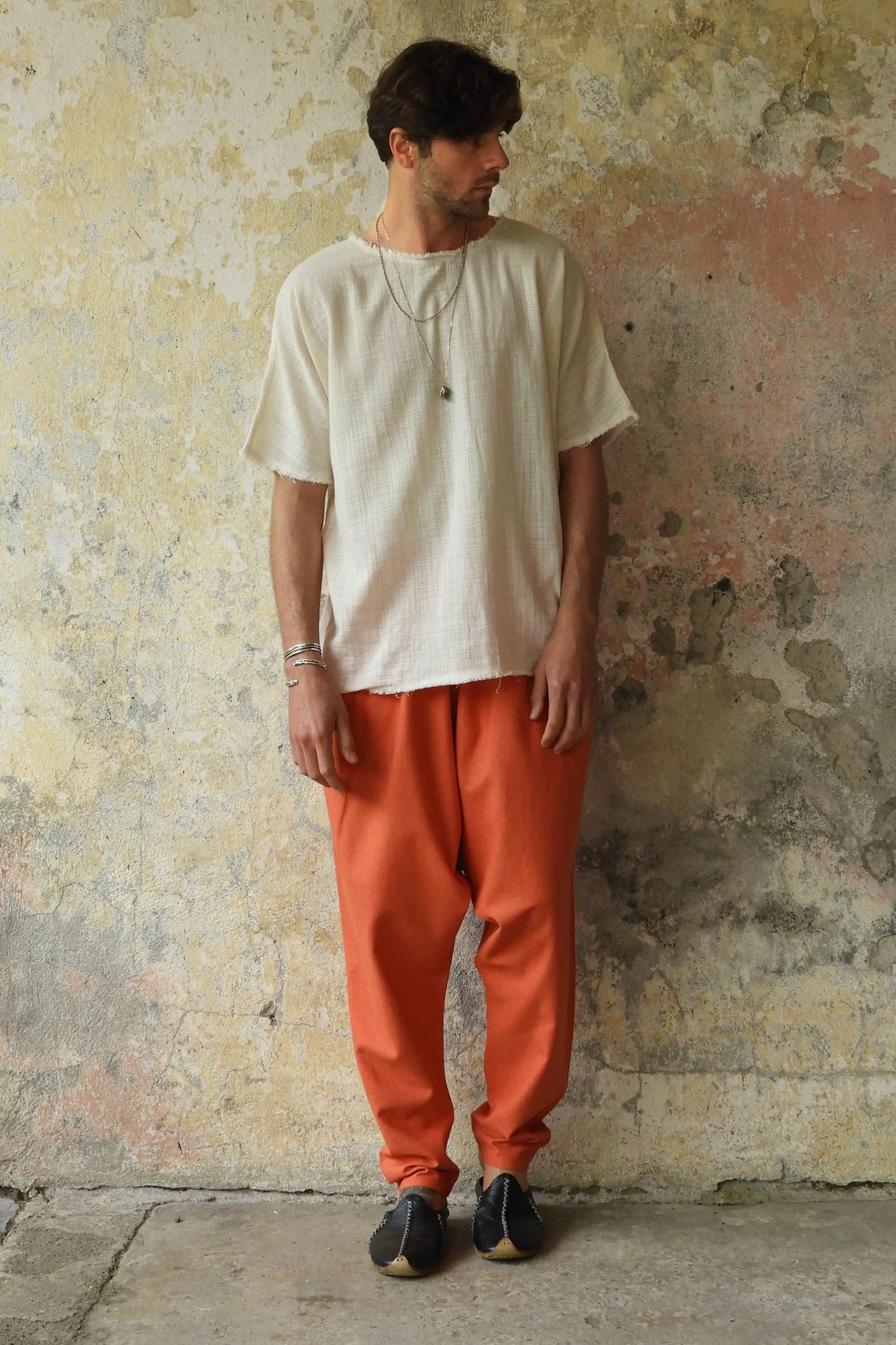 MOON Men's Linen Blend Harem Pants (Windsor Tan, Burnt Orange)