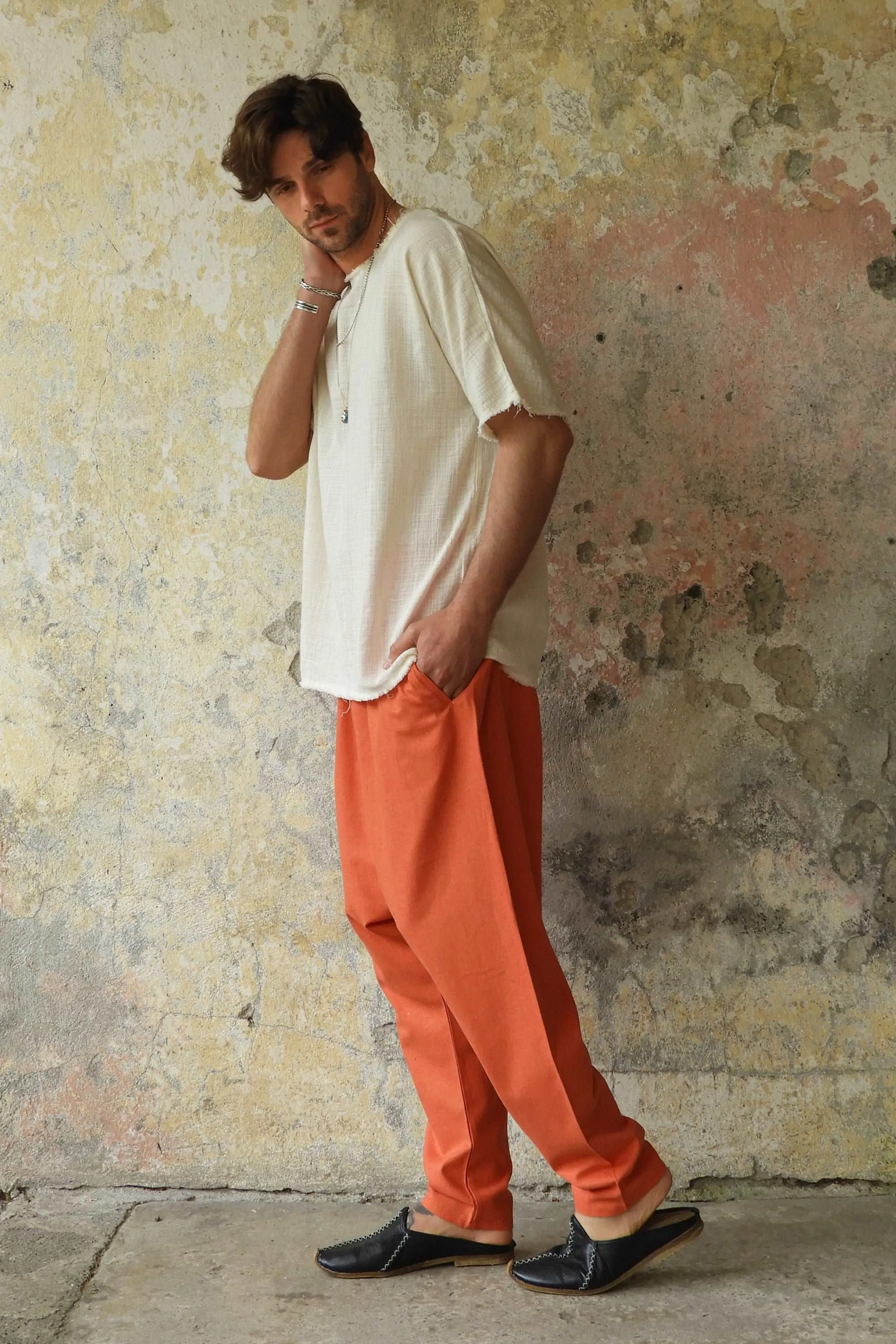 MOON Men's Linen Blend Harem Pants (Windsor Tan, Burnt Orange)