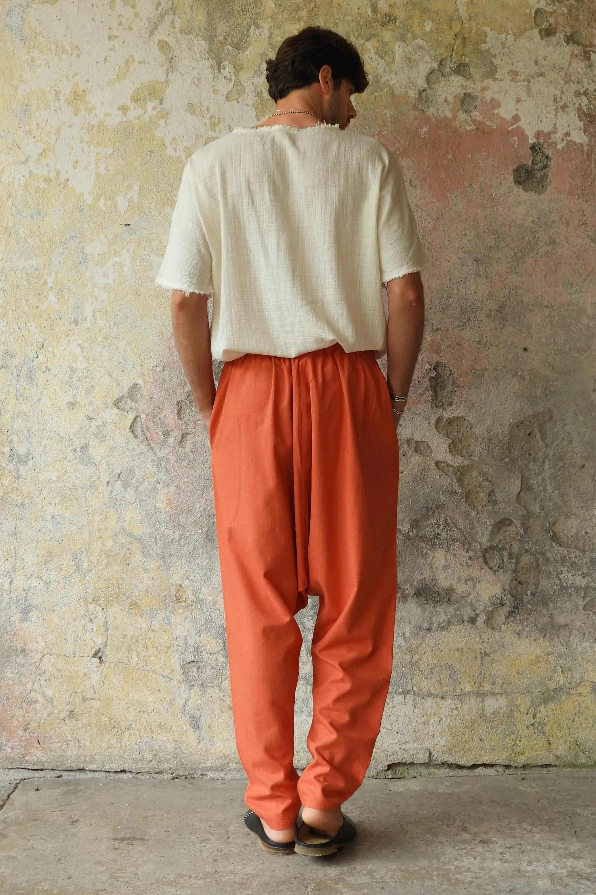 MOON Men's Linen Blend Harem Pants (Windsor Tan, Burnt Orange)