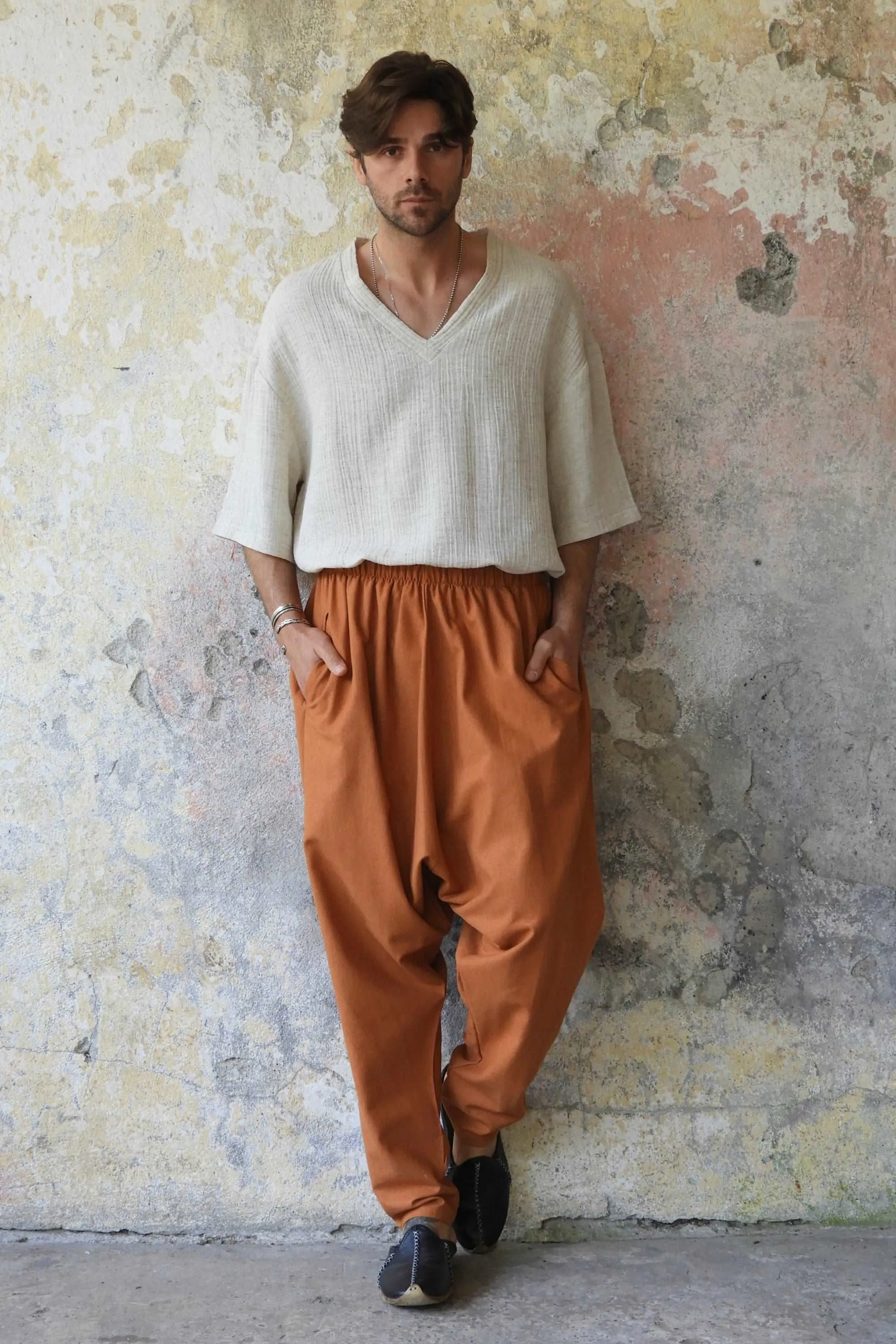 MOON Men's Linen Blend Harem Pants (Windsor Tan, Burnt Orange)