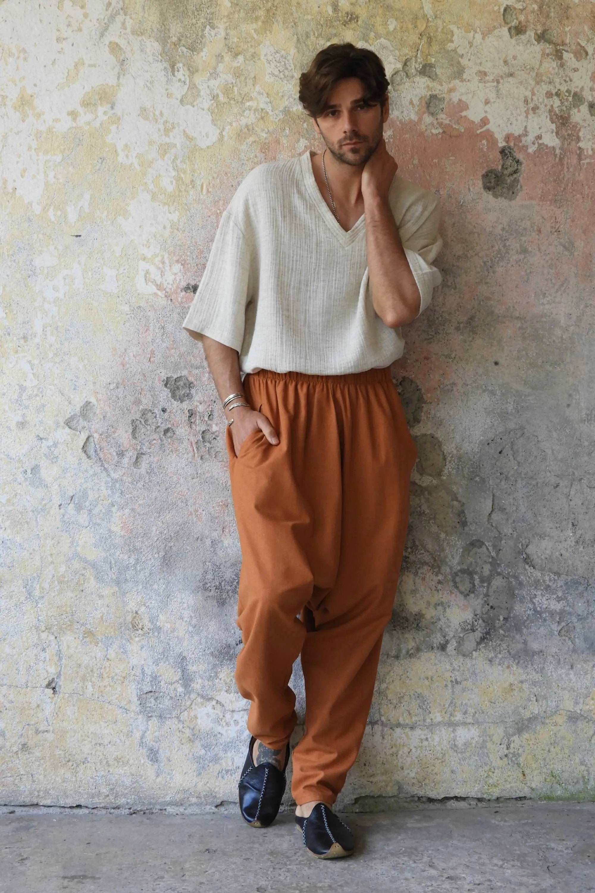 MOON Men's Linen Blend Harem Pants (Windsor Tan, Burnt Orange)