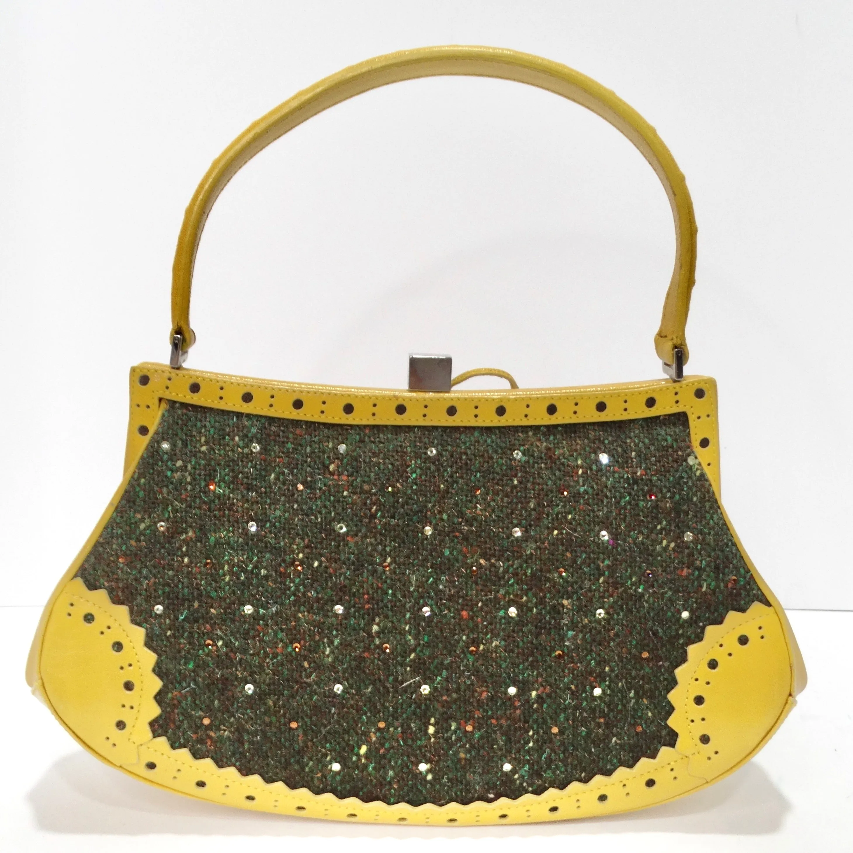 Moschino Vintage Yellow Leather Tweed Handbag