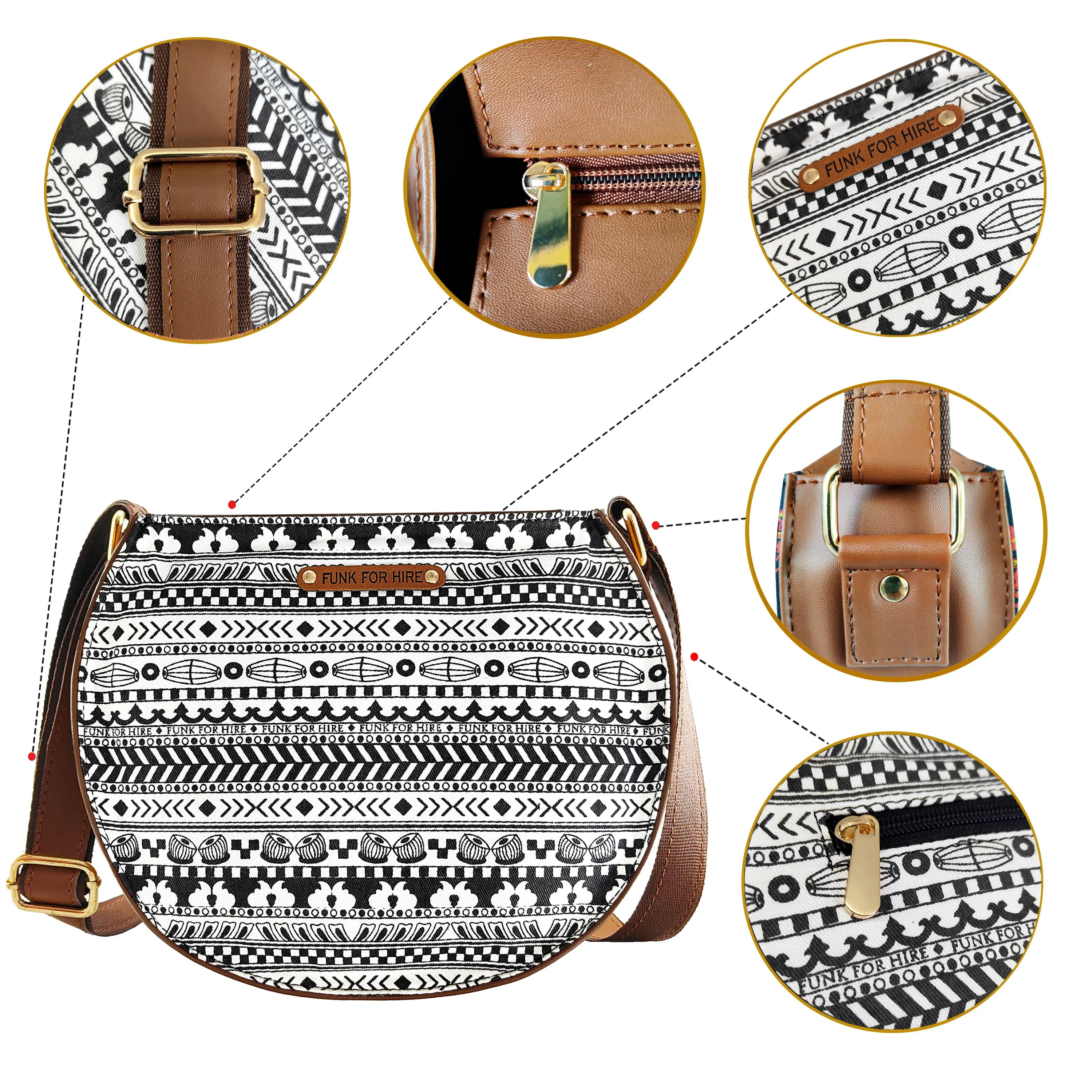 Music Border Round Sling Bag White& Black
