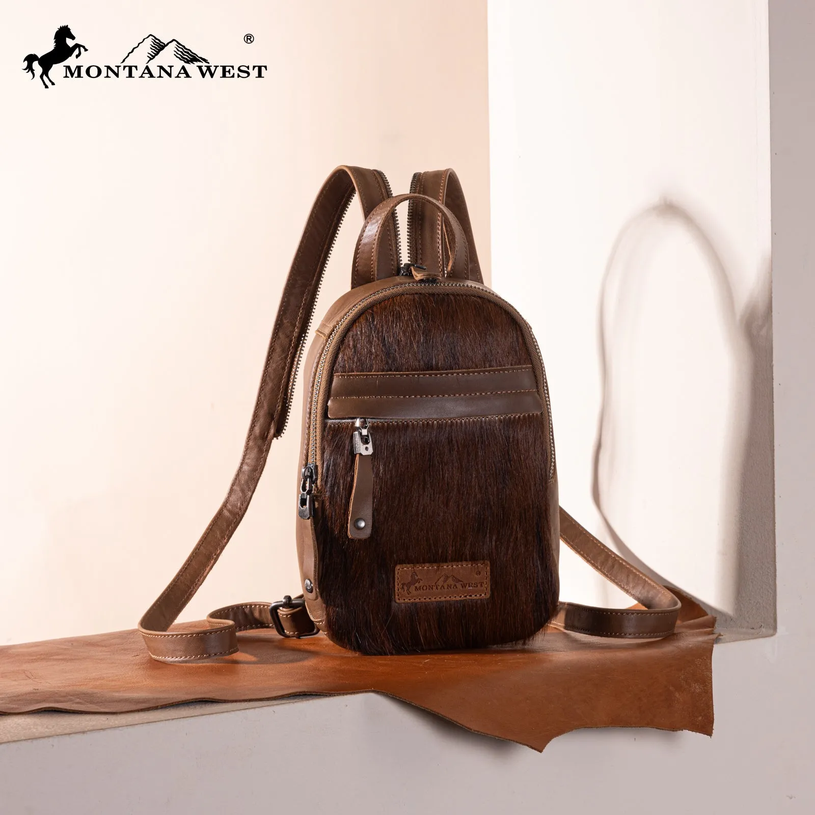 MWR-066 Montana West Genuine Hair-On Cowhide Convertible Sling Backpack -Coffee