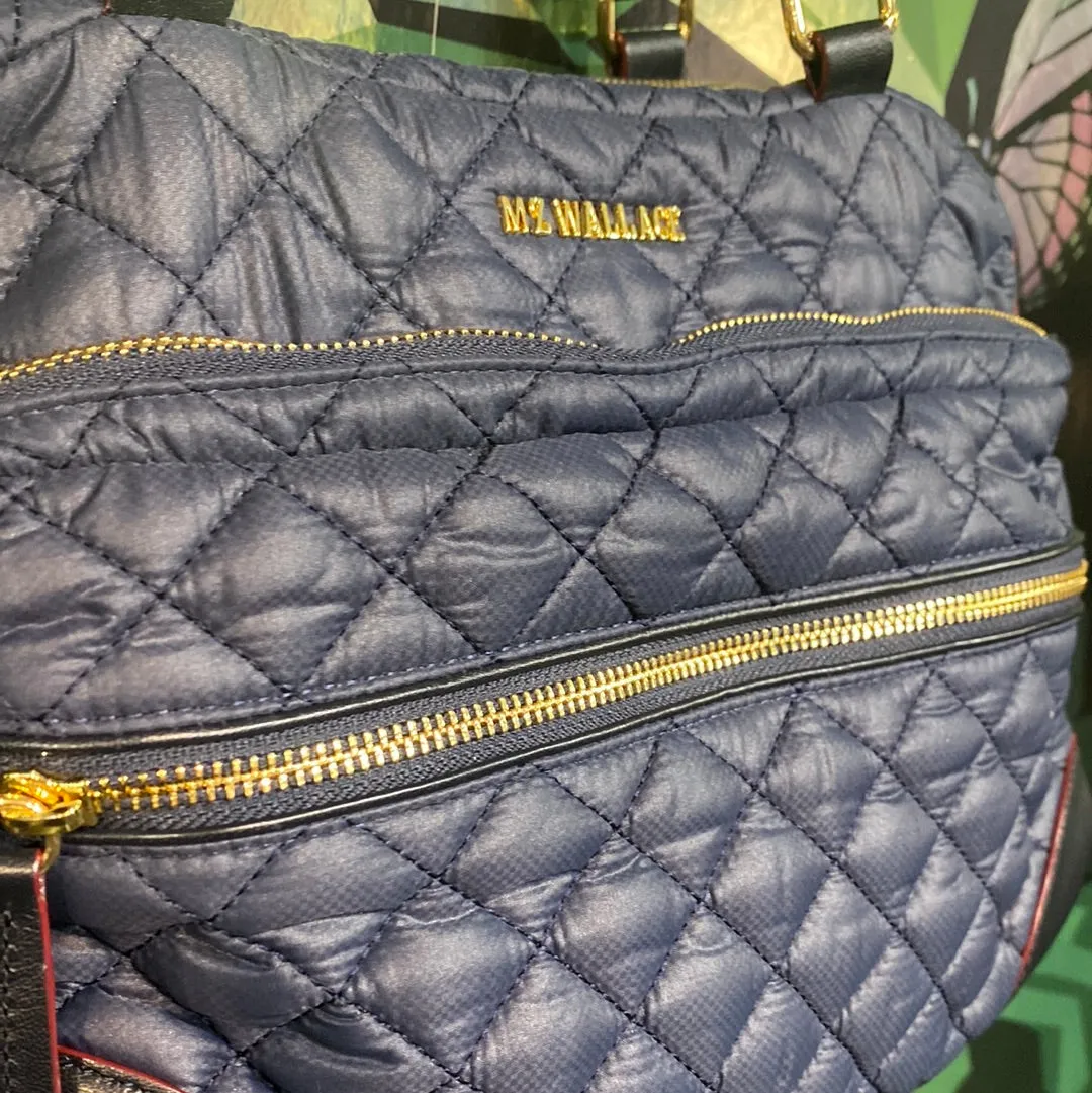 MZ Wallace Medium Blue Quilted Nylon Top Handle Straps Crossbody