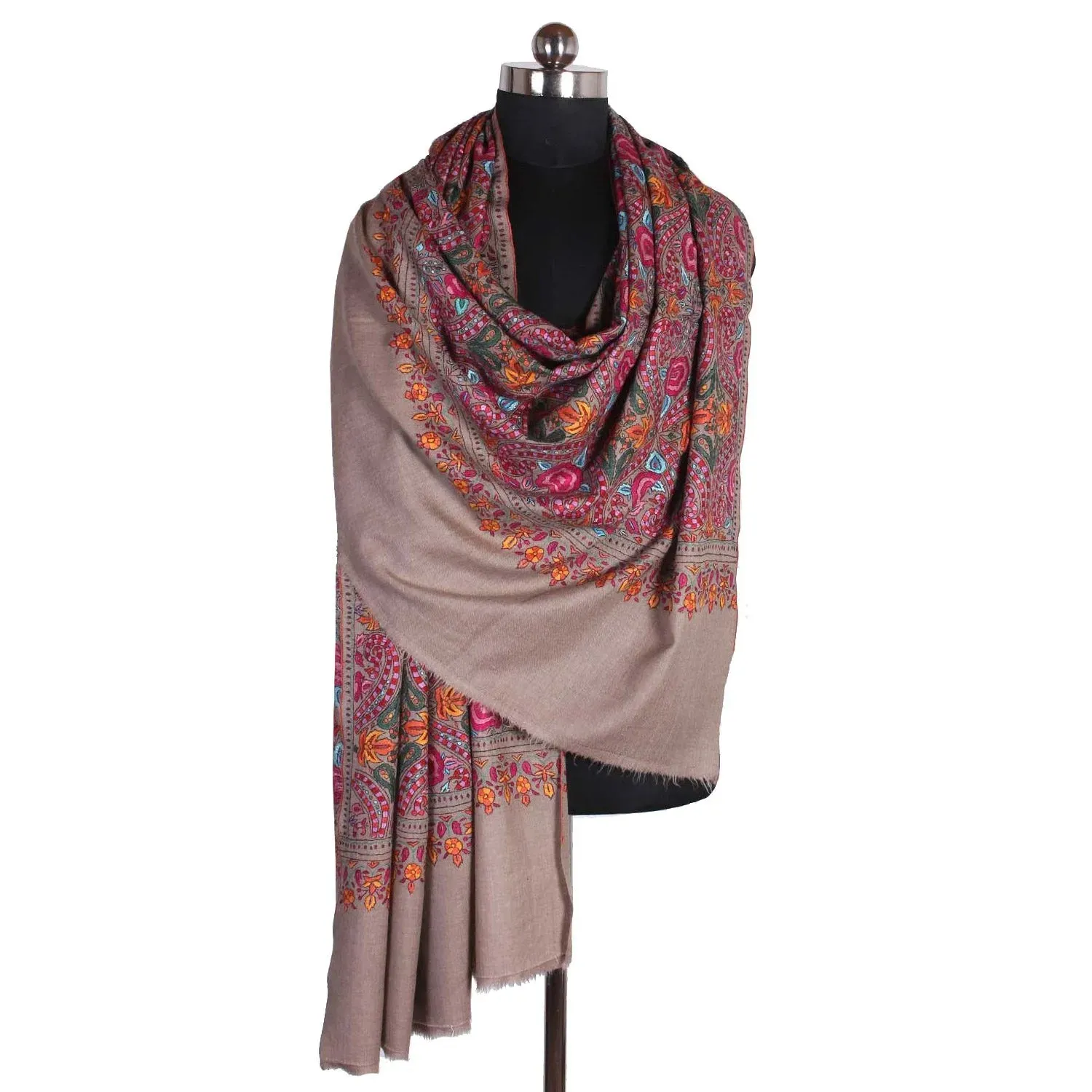 Natural Base Floral Paper Machie Cashmere Pashmina Shawl