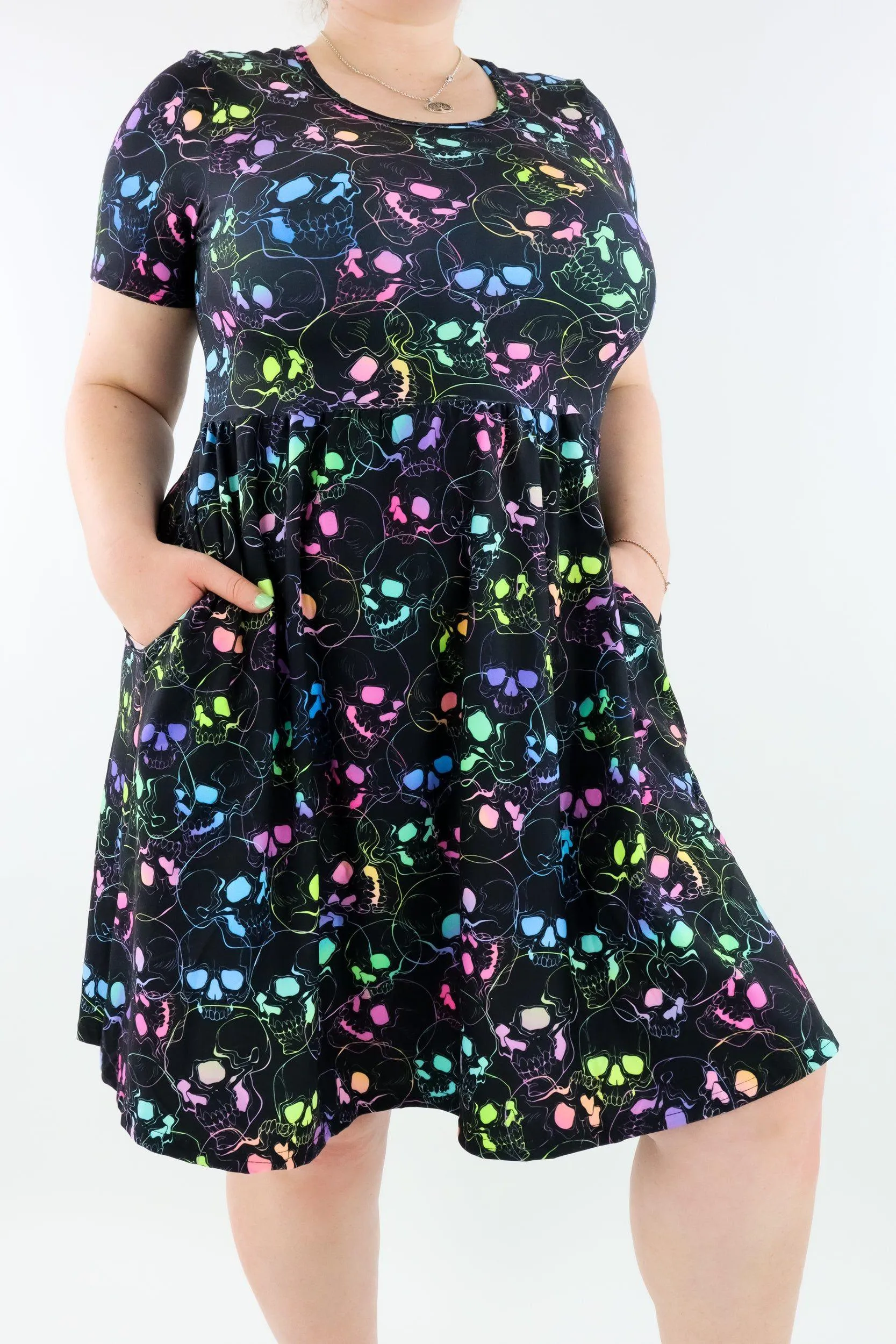 Neon Skull - Short Sleeve Skater Dress - Knee Length - Side Pockets