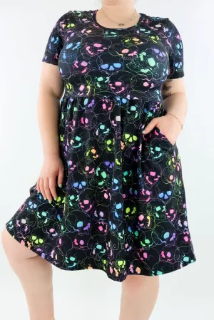 Neon Skull - Short Sleeve Skater Dress - Knee Length - Side Pockets