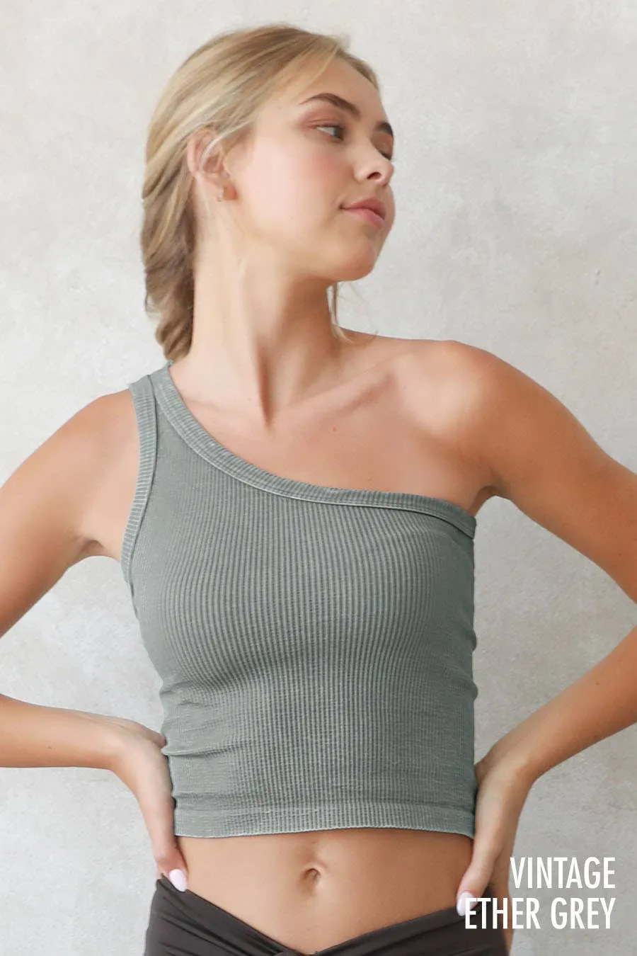 NS7834 - Vintage One Shoulder Crop Top: VT Cool Grey