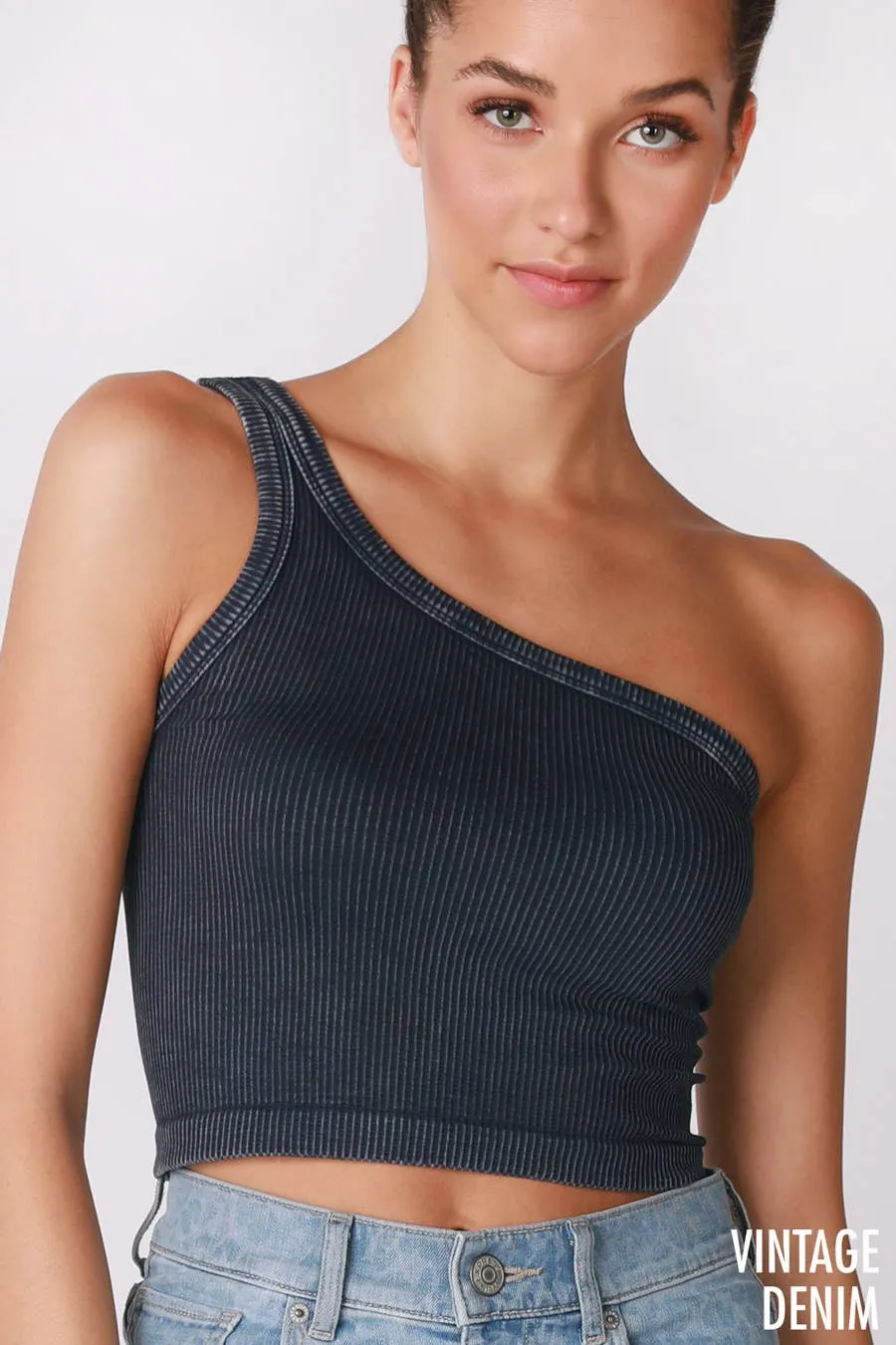 NS7834 - Vintage One Shoulder Crop Top: VT Cool Grey
