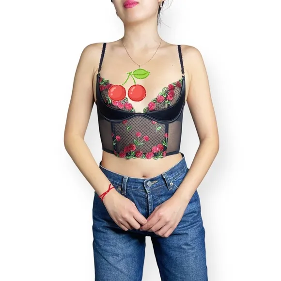 NWT Victoria's Secret Very Cherry Embroidery Quarter-Cup Corset Top Size 34B