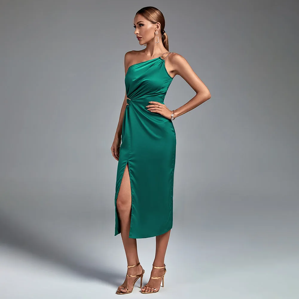 One Shoulder Sleeveless Midi Chain Bodycon Dress