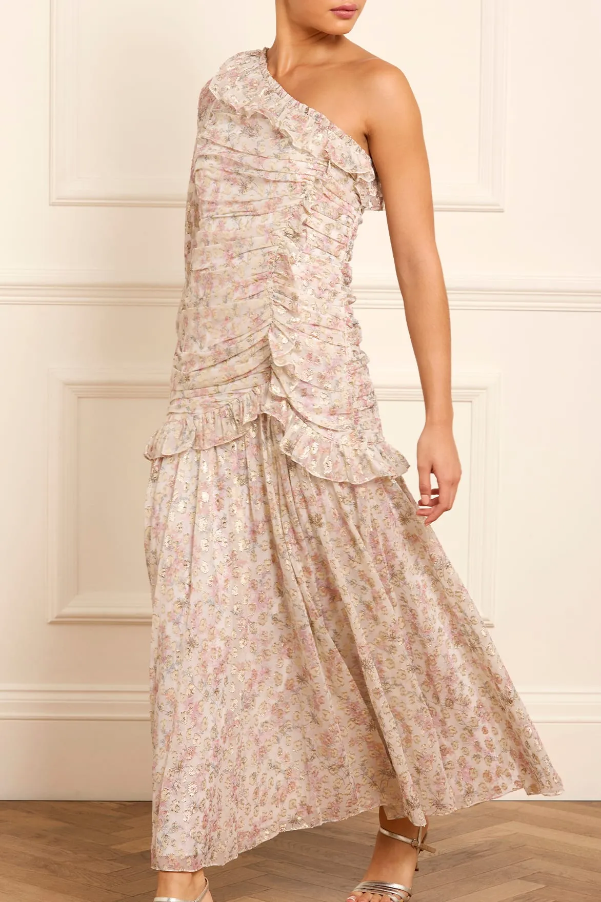 Ophelia Ditsy Lurex One-Shoulder Ankle Gown