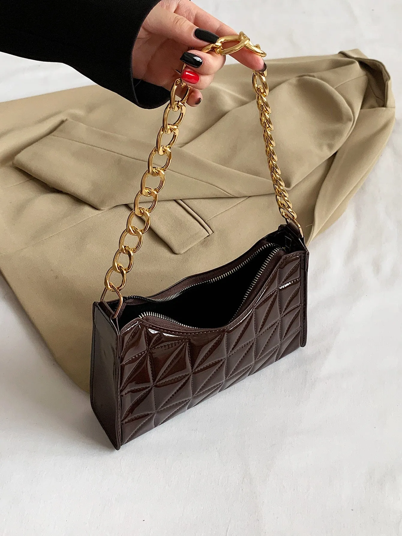 Pattern Quilted Baguette Bag - Coffee Brown