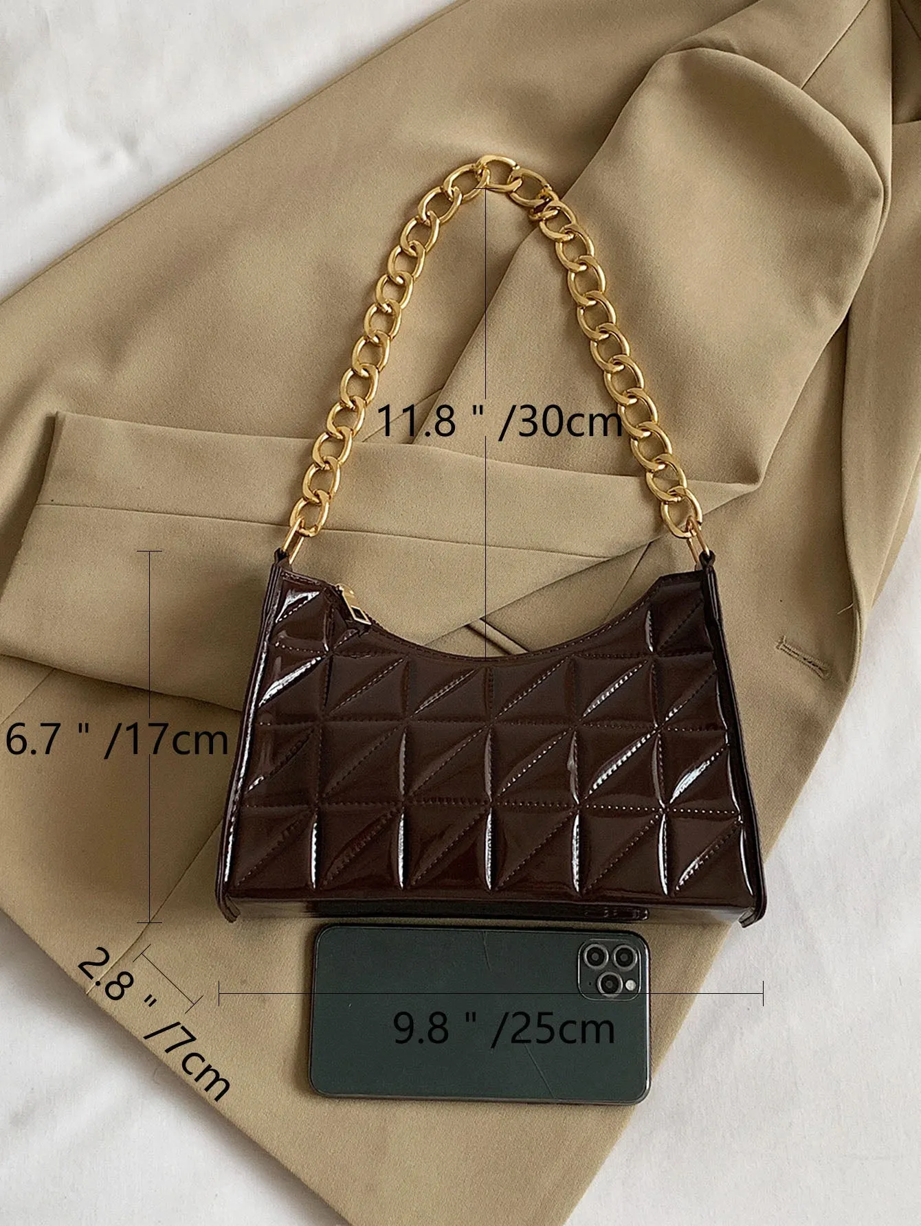 Pattern Quilted Baguette Bag - Coffee Brown