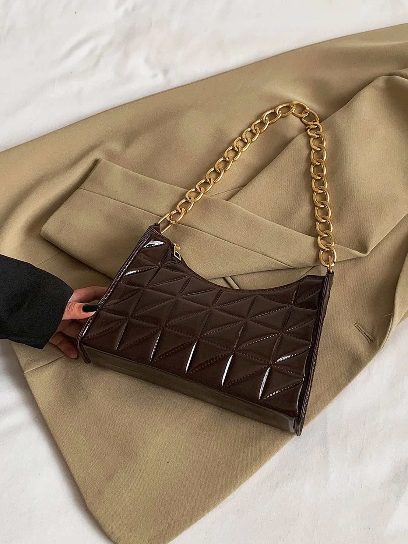 Pattern Quilted Baguette Bag - Coffee Brown