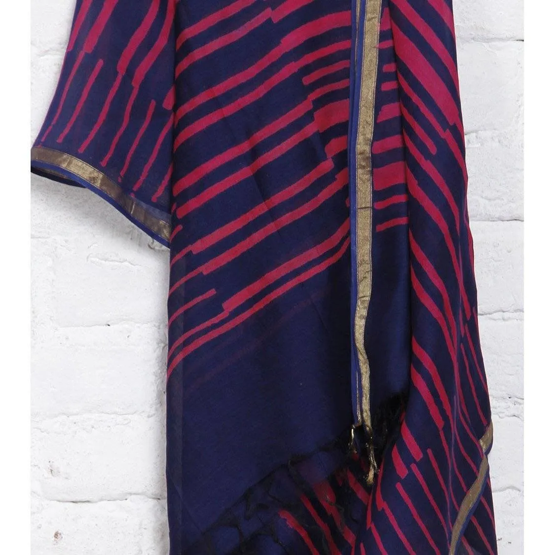 Pink & Blue Block Printed Cotton Silk Dupatta