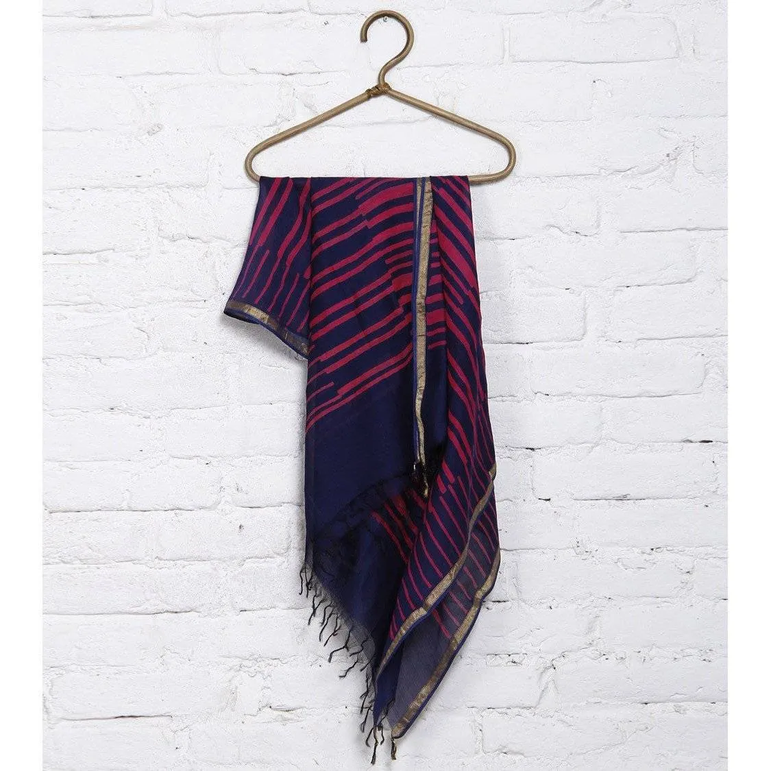 Pink & Blue Block Printed Cotton Silk Dupatta