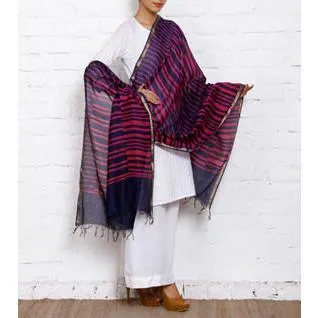 Pink & Blue Block Printed Cotton Silk Dupatta