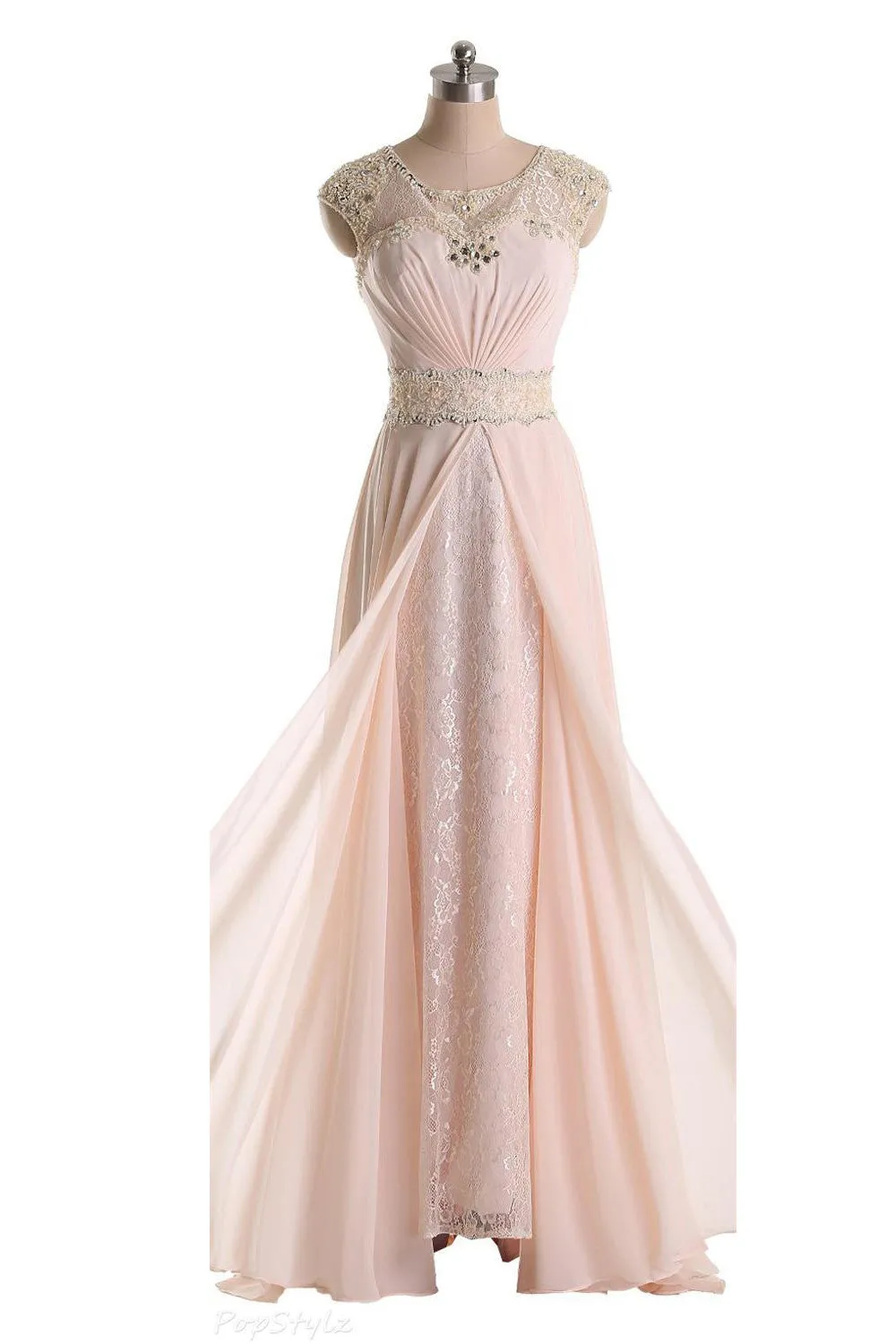 Pink Cap Sleeves Lace Long Beaded Chiffon Prom Dress