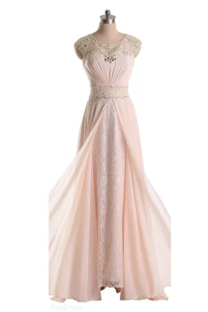 Pink Cap Sleeves Lace Long Beaded Chiffon Prom Dress