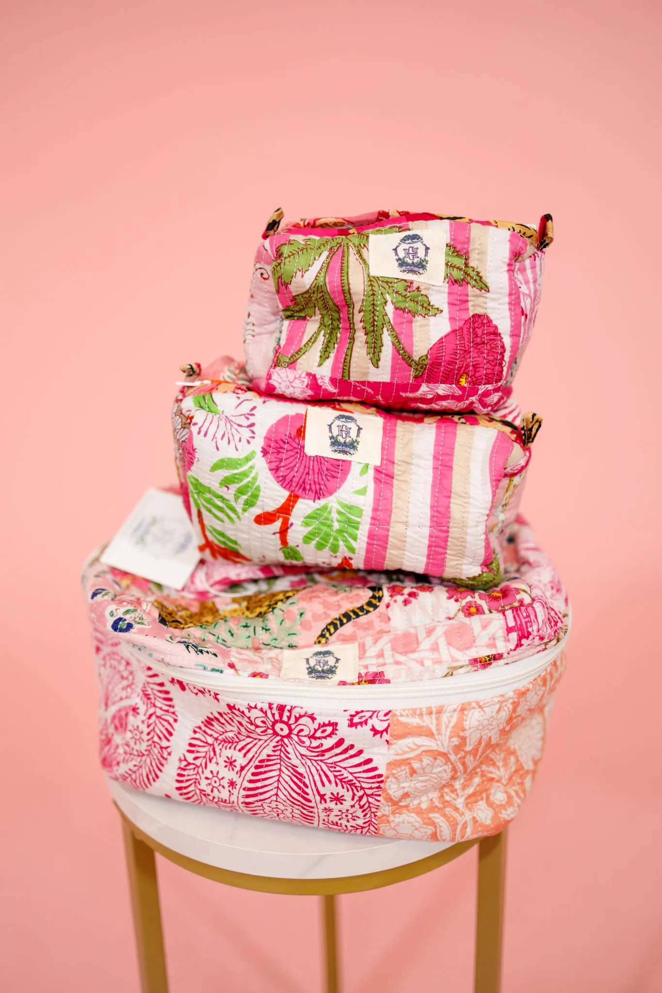 Pink City Quilted Set of 3 Cosmetic Bags