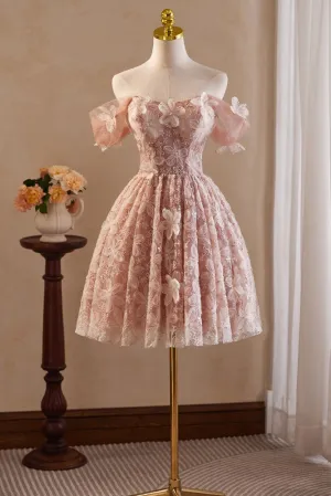 Pink Vintage Off the Shoulder Flower Appliques Homecoming Dress