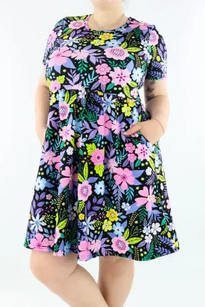 Pinky Flowers - Short Sleeve Skater Dress - Knee Length - Side Pockets
