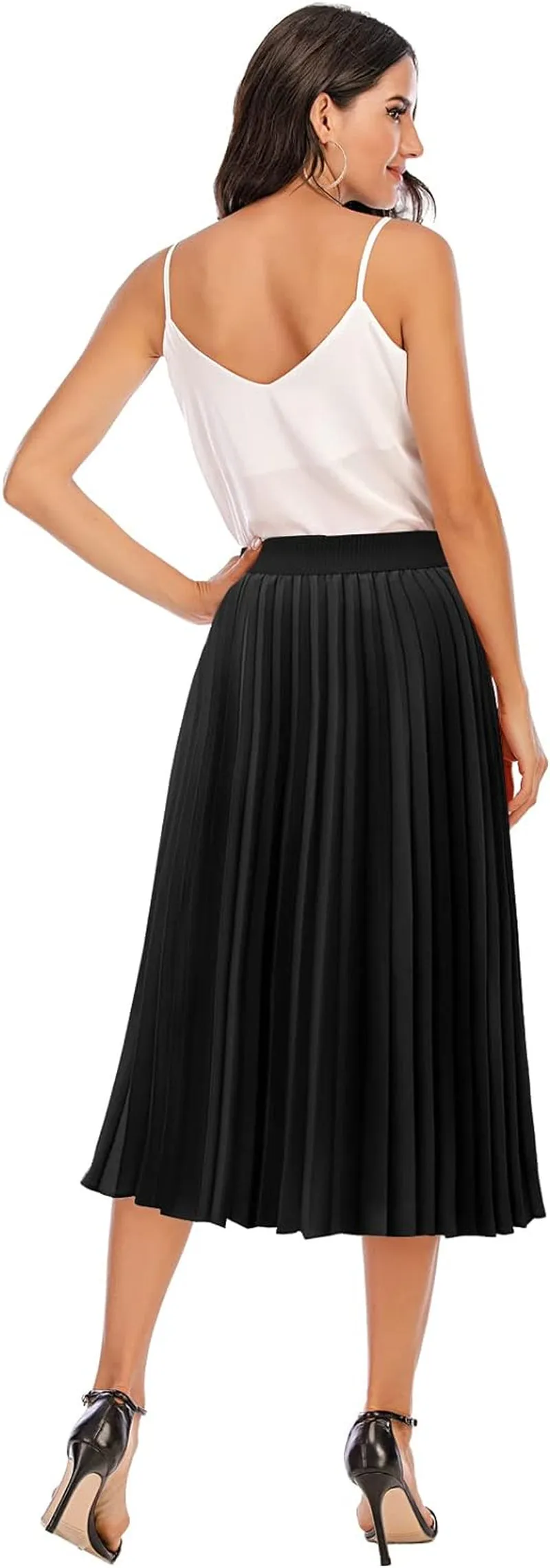 Pleated Midi Skirts for Women, Aline Long High Elastic Waisted Summer Flowy Chiffon Swing Skirt