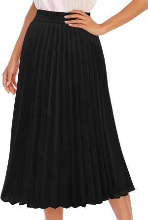 Pleated Midi Skirts for Women, Aline Long High Elastic Waisted Summer Flowy Chiffon Swing Skirt