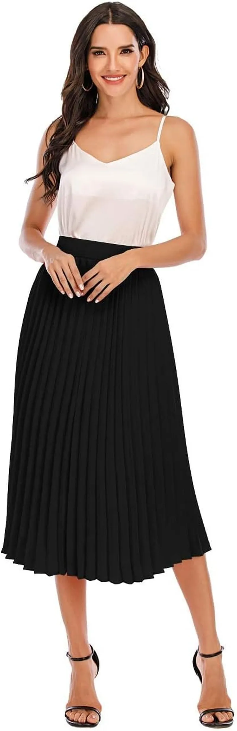 Pleated Midi Skirts for Women, Aline Long High Elastic Waisted Summer Flowy Chiffon Swing Skirt