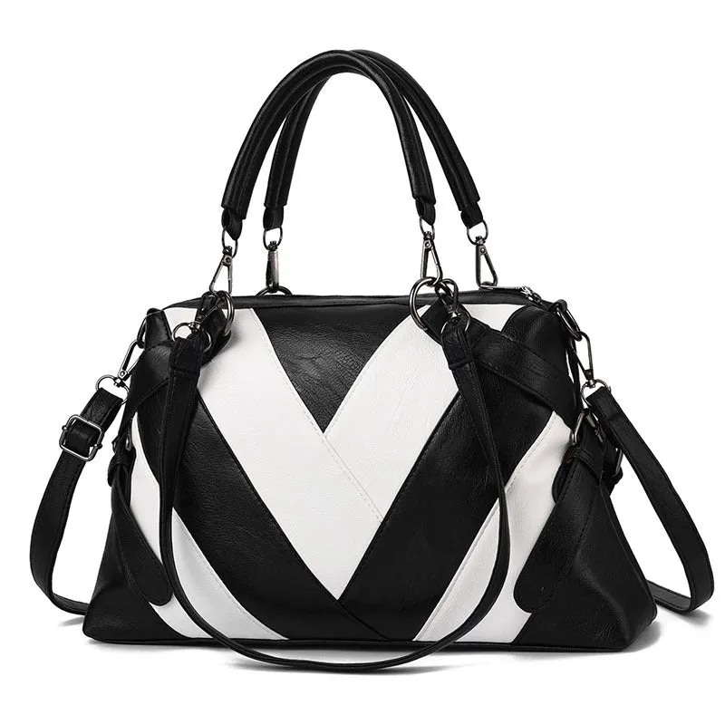 Portable Large Soft Leather Contrast Color Bags