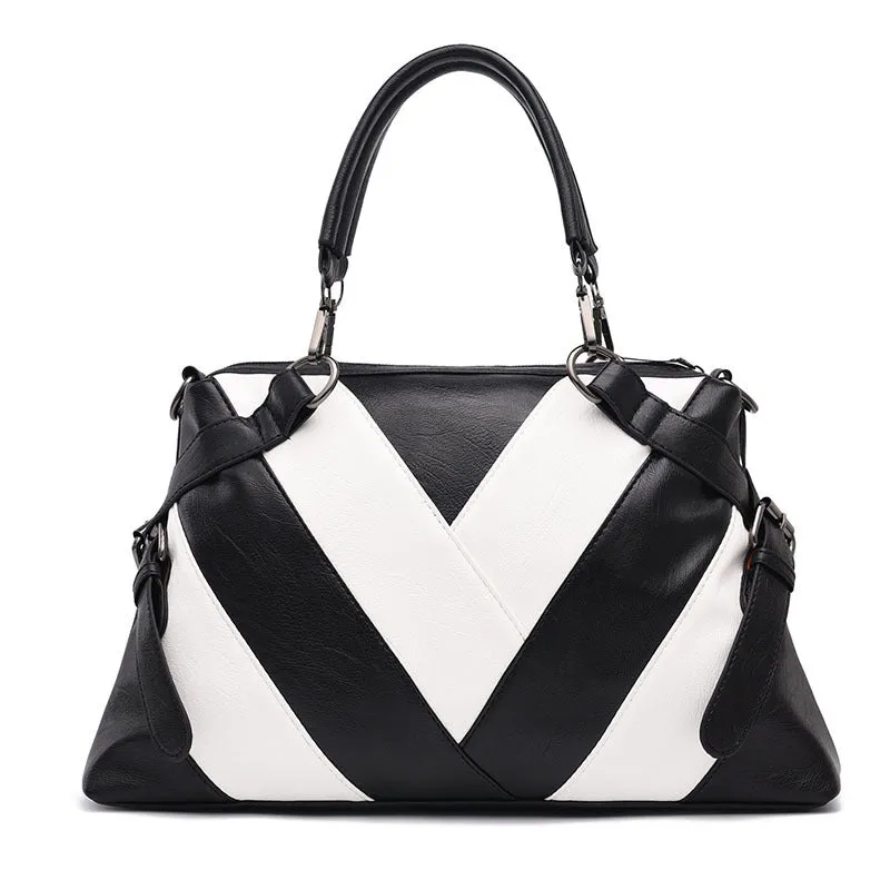 Portable Large Soft Leather Contrast Color Bags