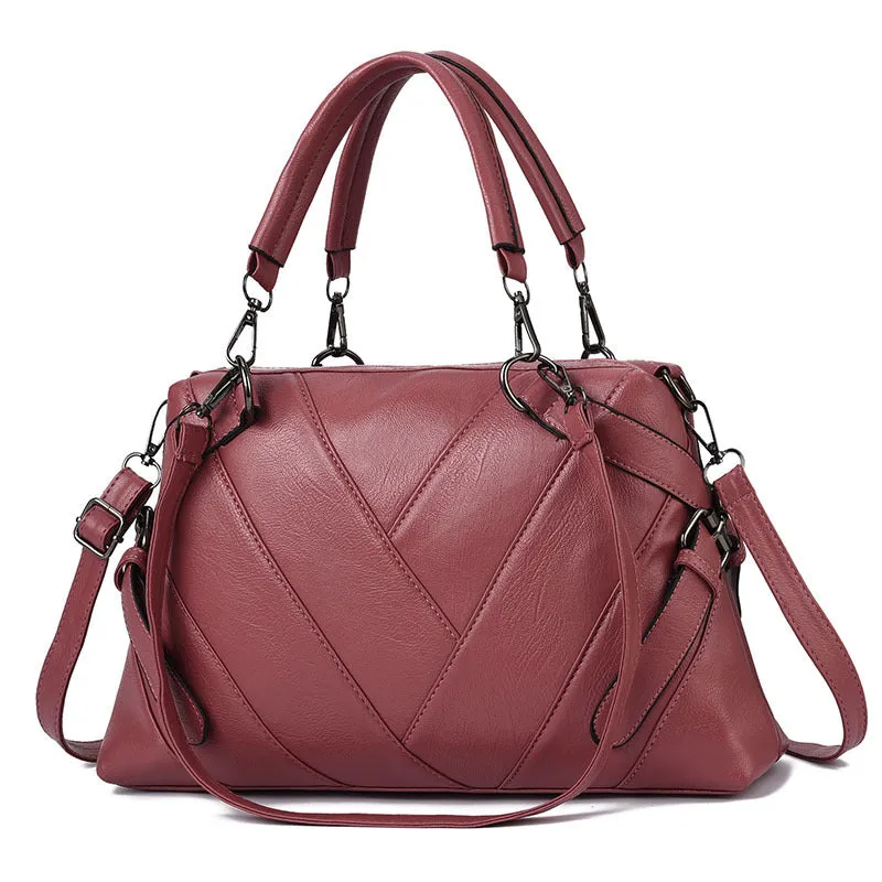 Portable Large Soft Leather Contrast Color Bags