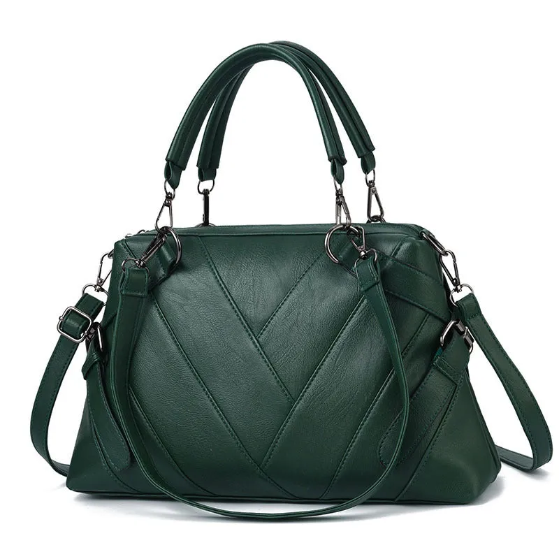 Portable Large Soft Leather Contrast Color Bags