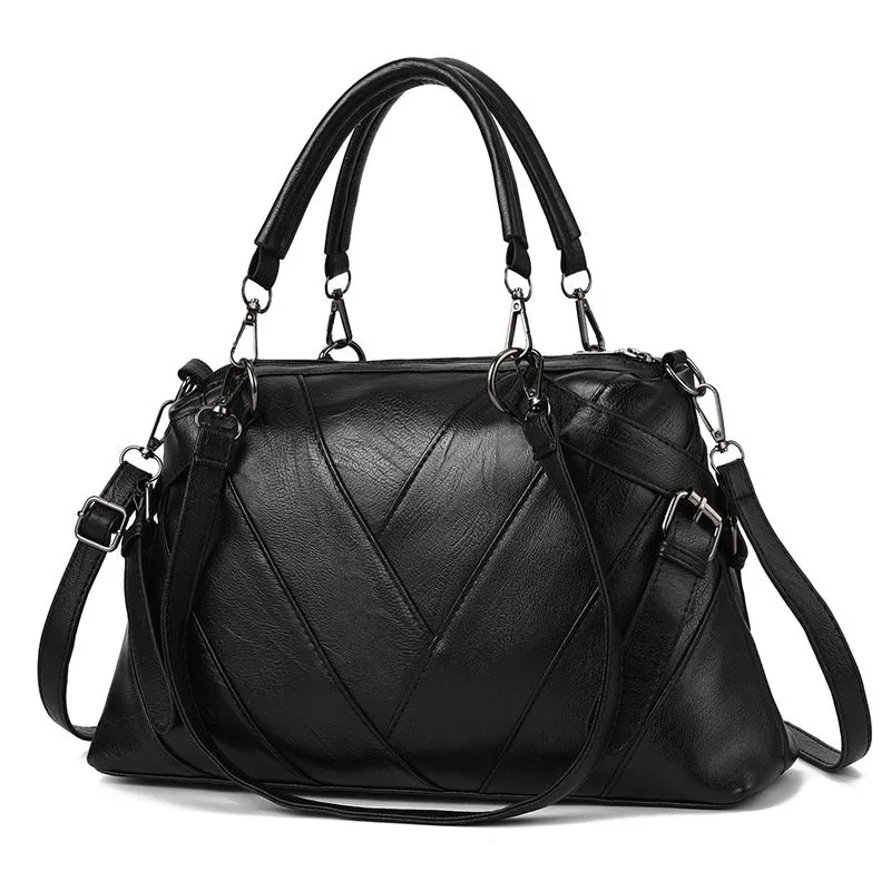 Portable Large Soft Leather Contrast Color Bags