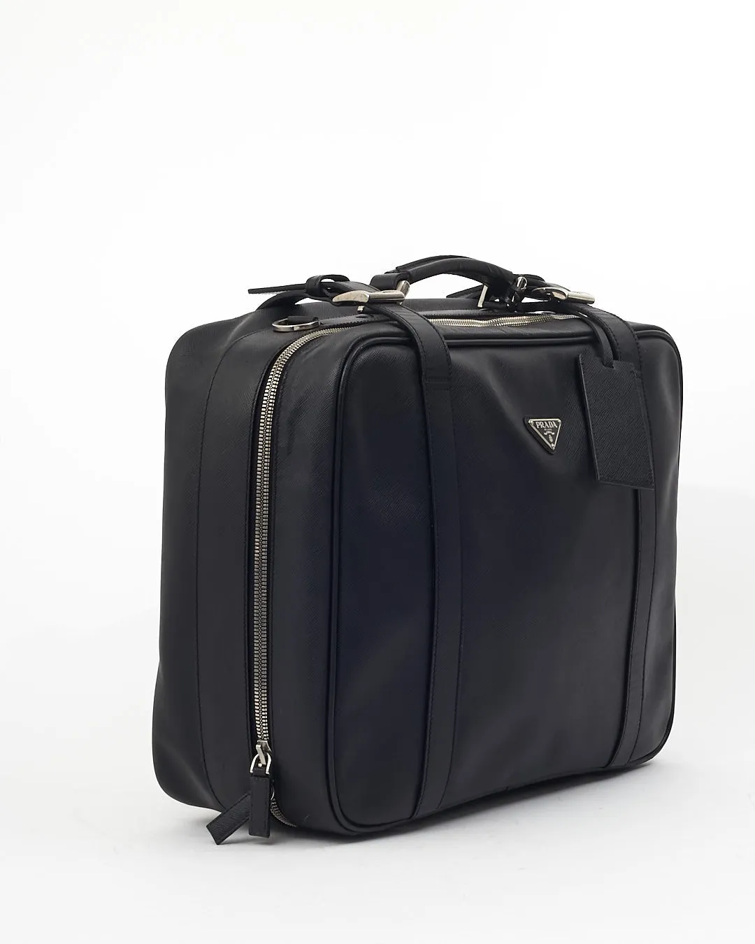 Prada Black Saffiano Leather Convertible Buckle Suitcase Travel Bag