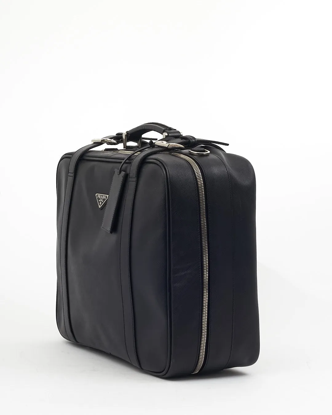 Prada Black Saffiano Leather Convertible Buckle Suitcase Travel Bag