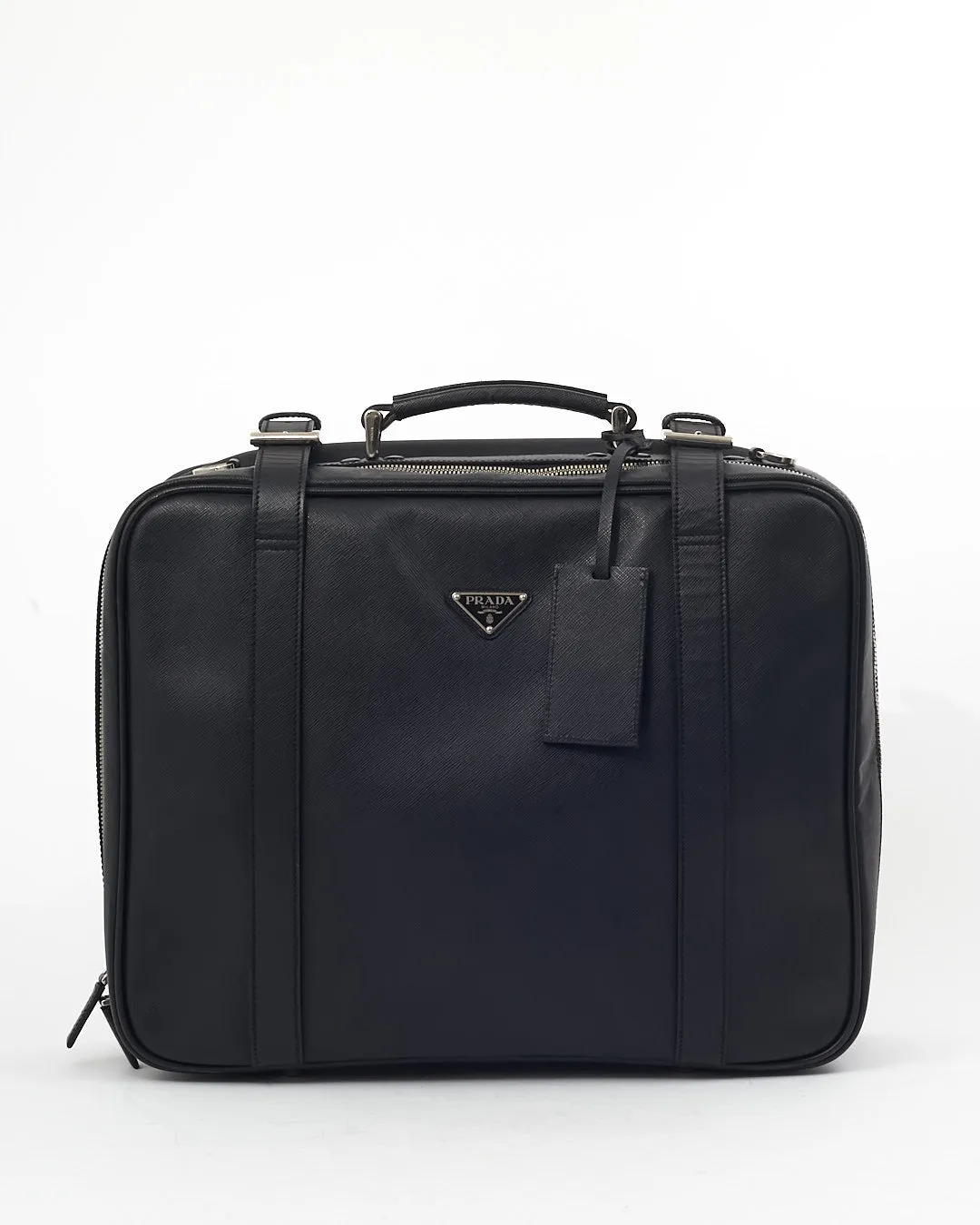 Prada Black Saffiano Leather Convertible Buckle Suitcase Travel Bag