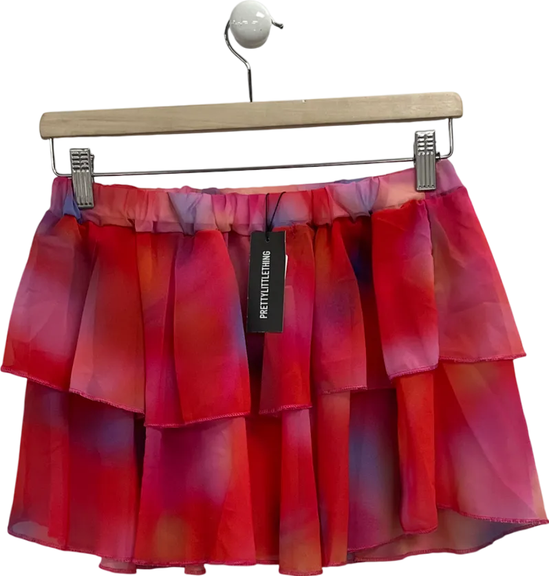 PrettyLittleThing Red Multi Printed Chiffon Frill Mini Skirt UK 12