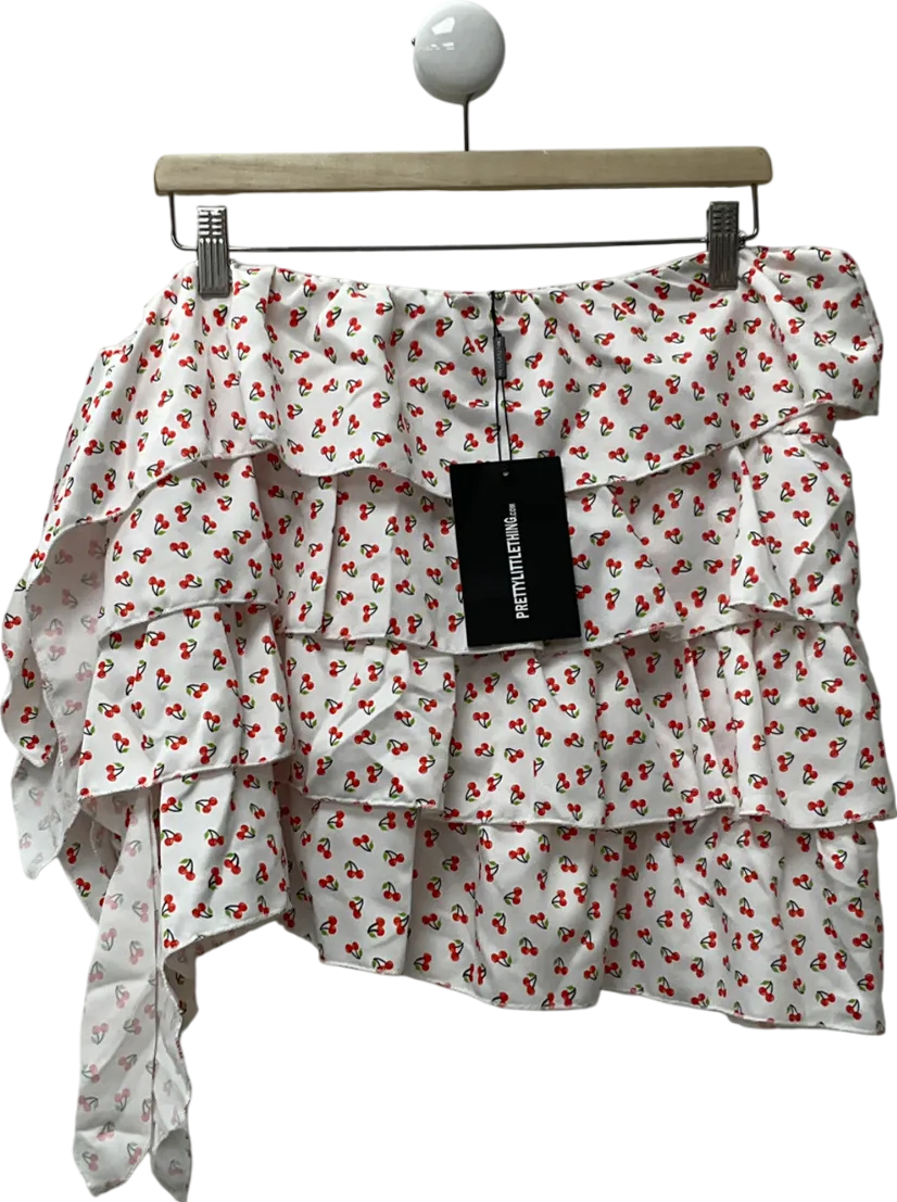 PrettyLittleThing White Red Cherry Printed Ruffle Tiered Mini Skirt UK 14