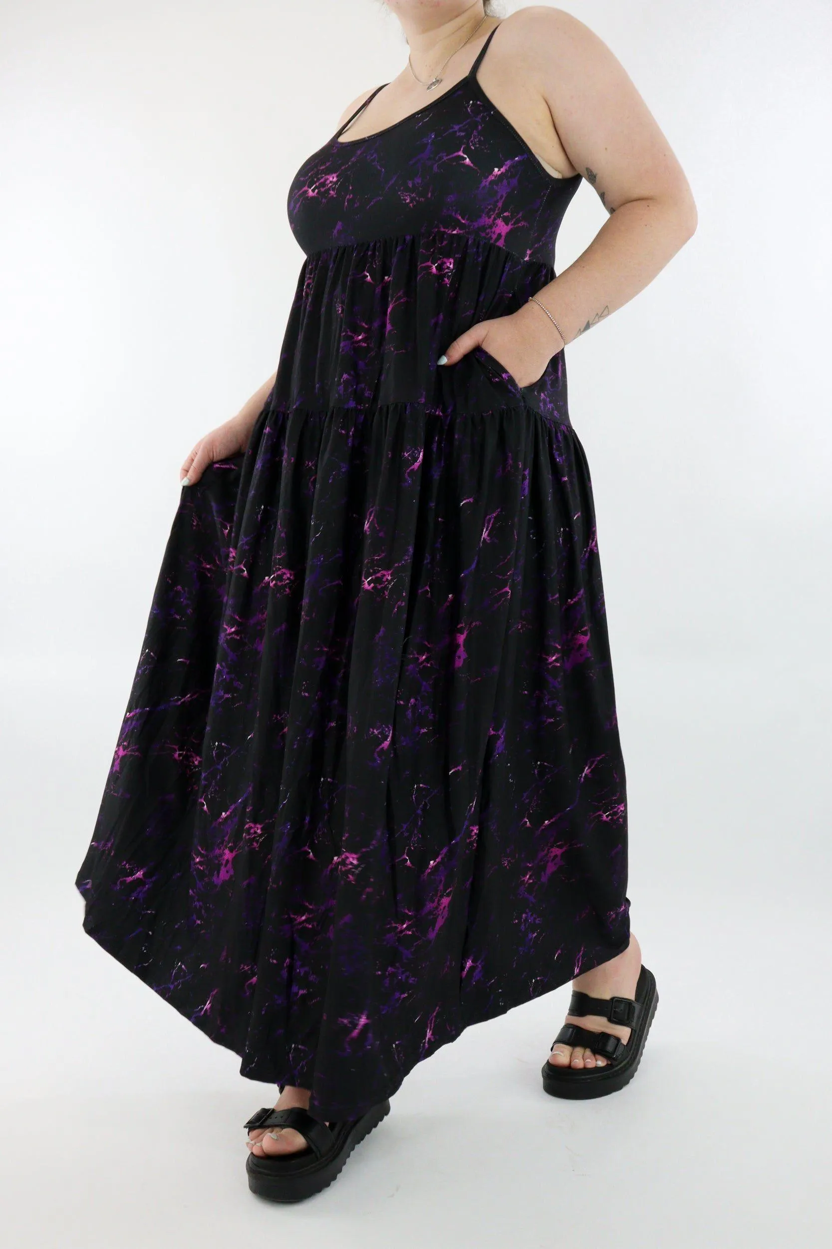 Purple Marble - Strappy Maxi Dress - Pockets